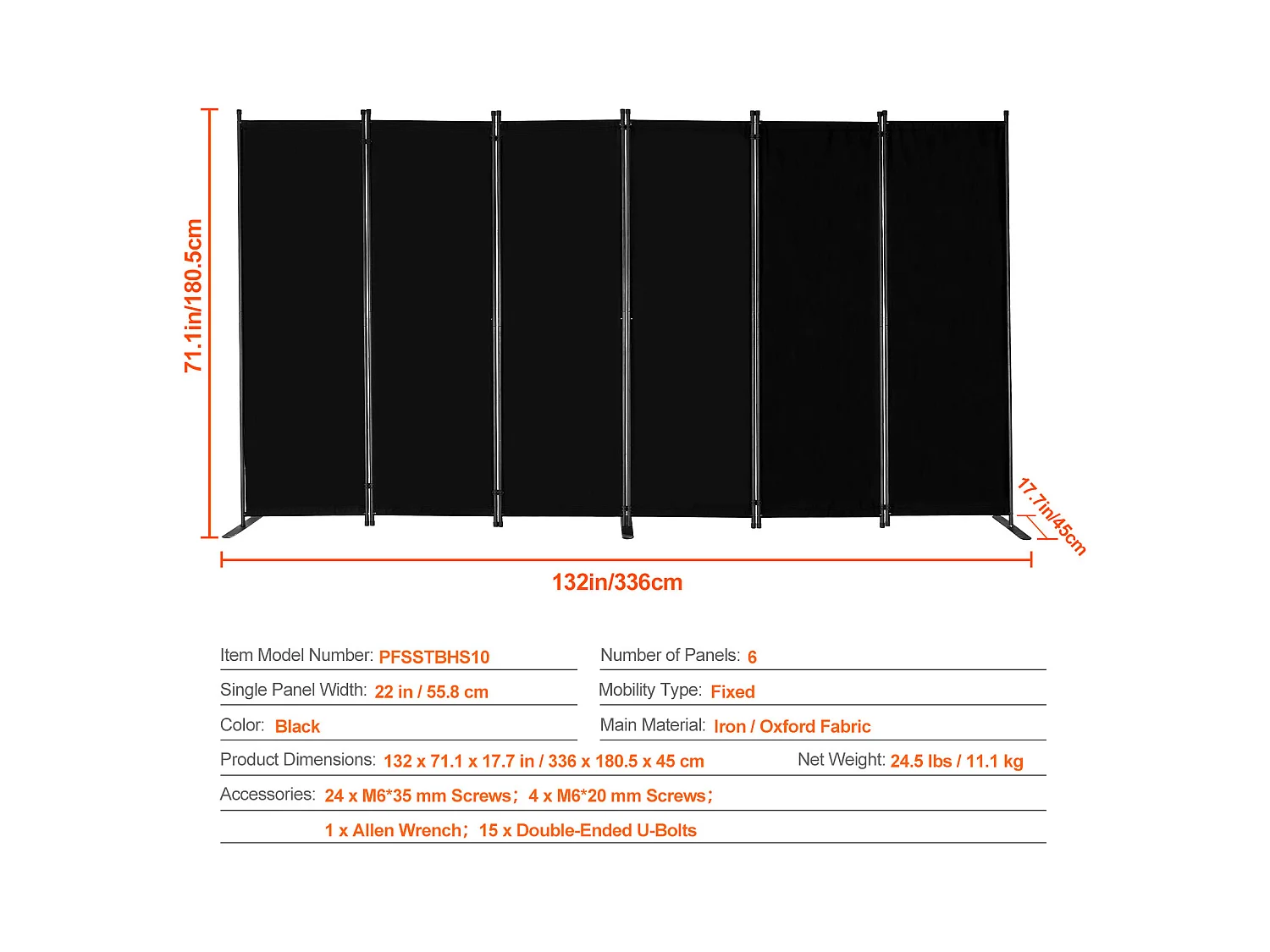 Cloison de Séparation SucceBuy Cloison de Séparation, Paravent de Confidentialité Pliable à 6 Panneaux, Cloison Portable pour Séparation de Pièce, Noir