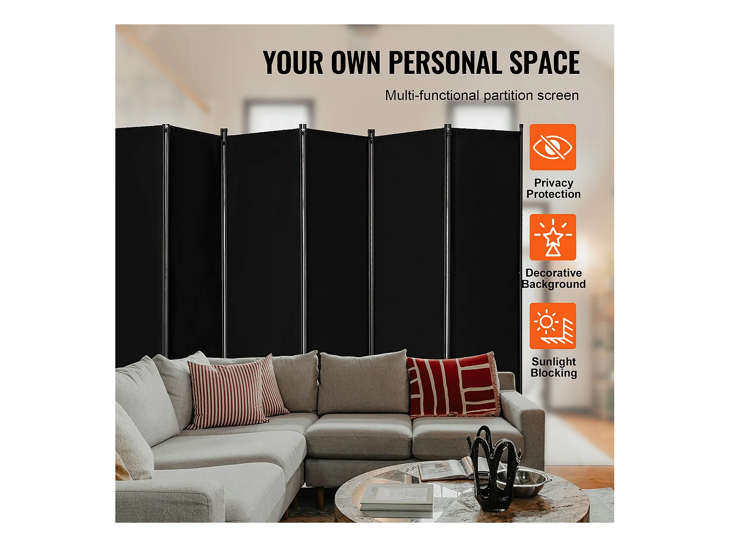 Cloison de Séparation SucceBuy Cloison de Séparation, Paravent de Confidentialité Pliable à 6 Panneaux, Cloison Portable pour Séparation de Pièce, Noir