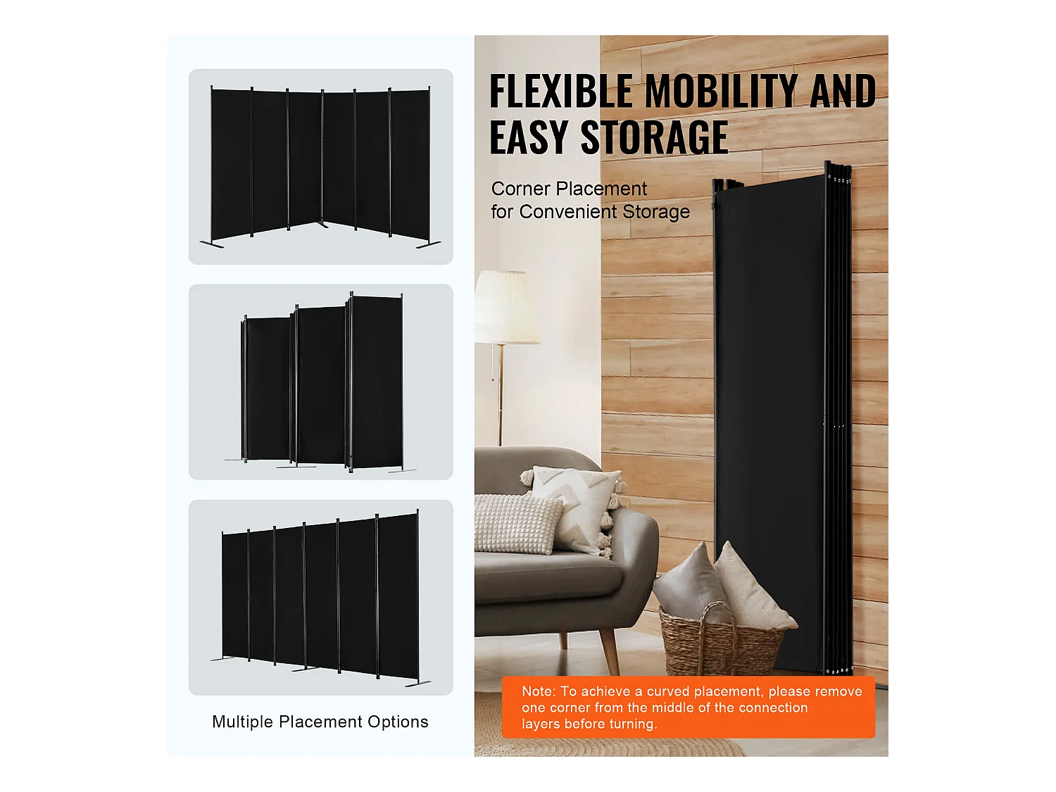 Cloison de Séparation SucceBuy Cloison de Séparation, Paravent de Confidentialité Pliable à 6 Panneaux, Cloison Portable pour Séparation de Pièce, Noir