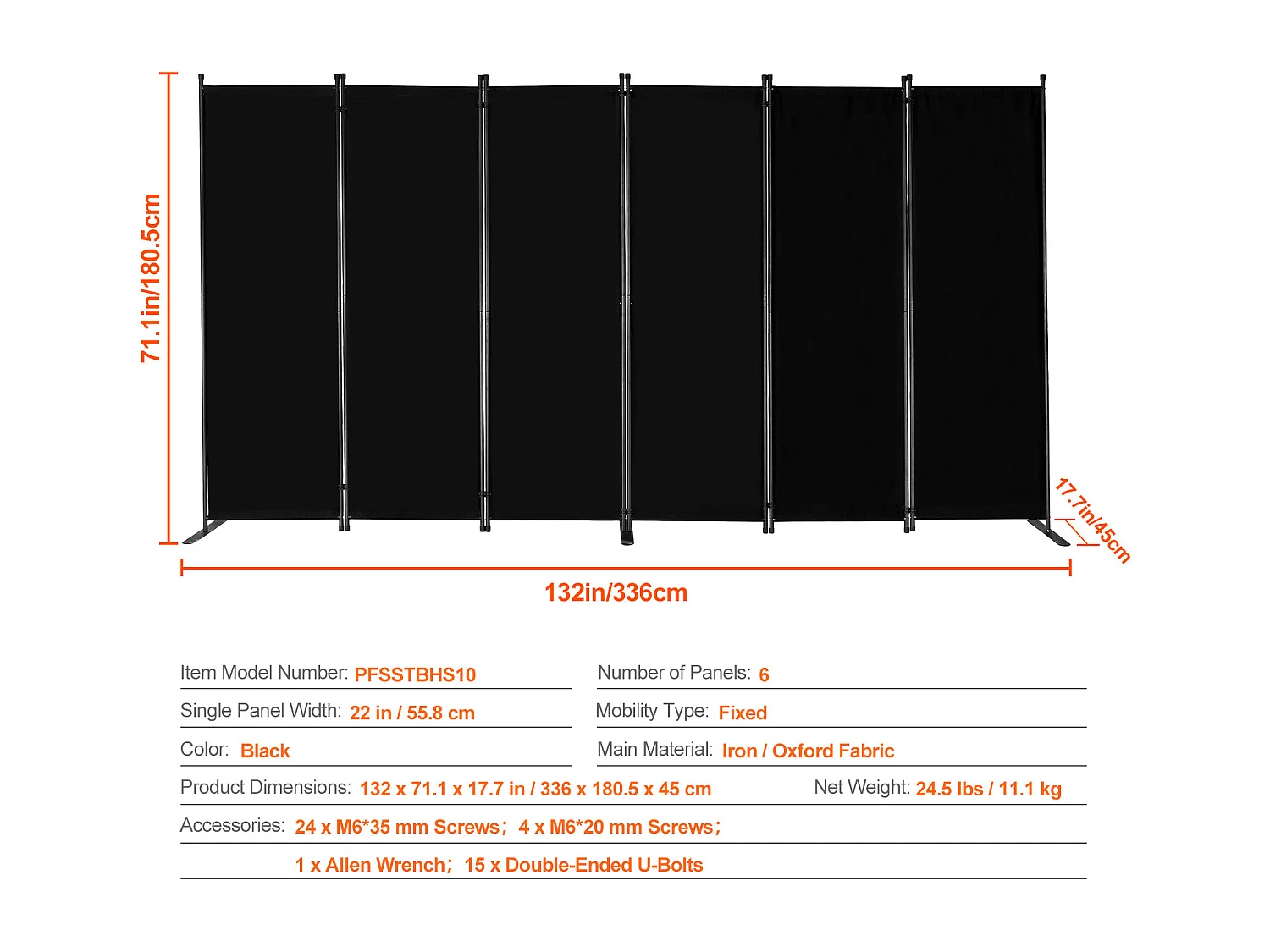 Cloison de Séparation SucceBuy Cloison de Séparation, Paravent de Confidentialité Pliable à 6 Panneaux, Cloison Portable pour Séparation de Pièce, Noir