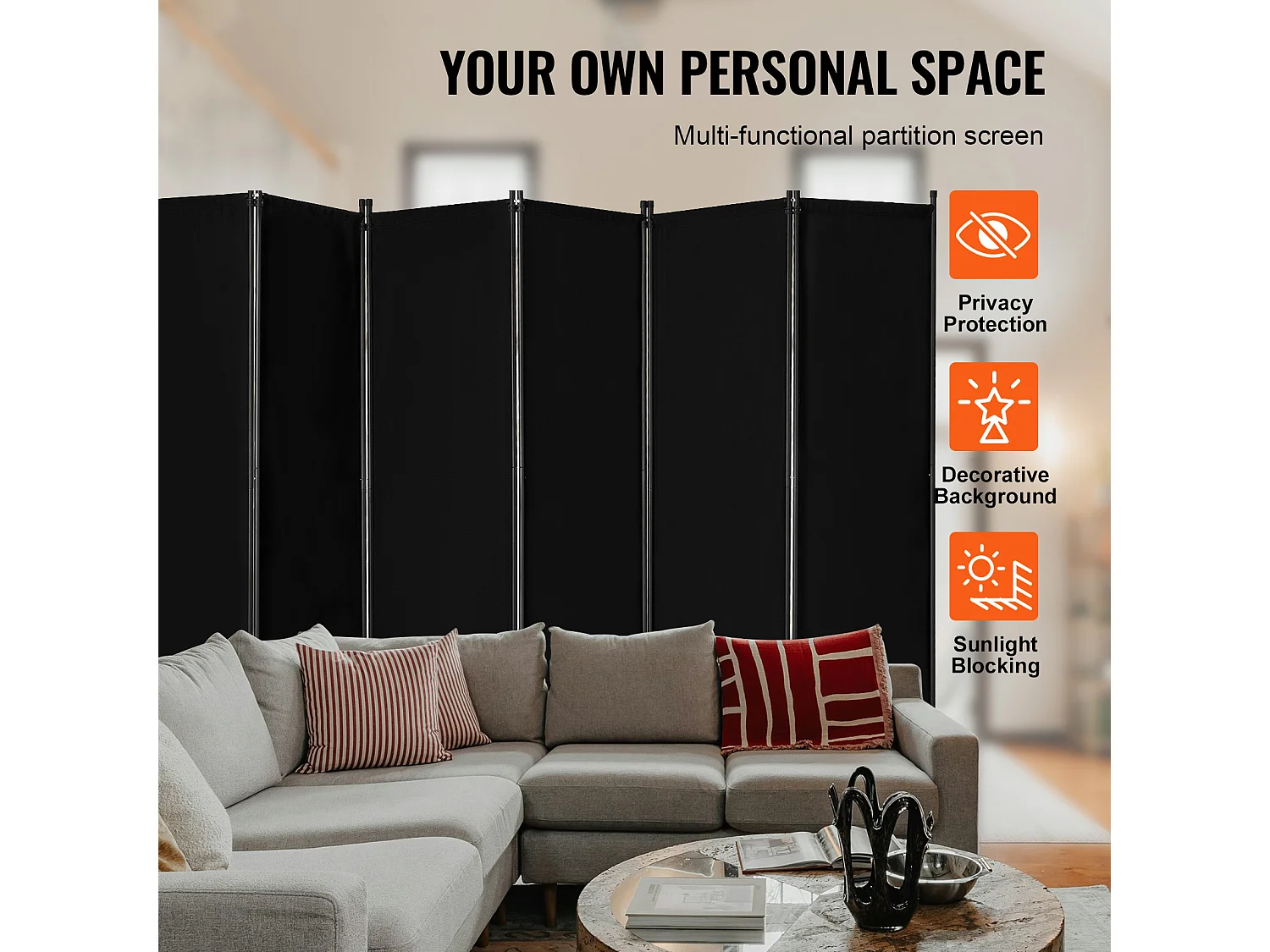 Cloison de Séparation SucceBuy Cloison de Séparation, Paravent de Confidentialité Pliable à 6 Panneaux, Cloison Portable pour Séparation de Pièce, Noir
