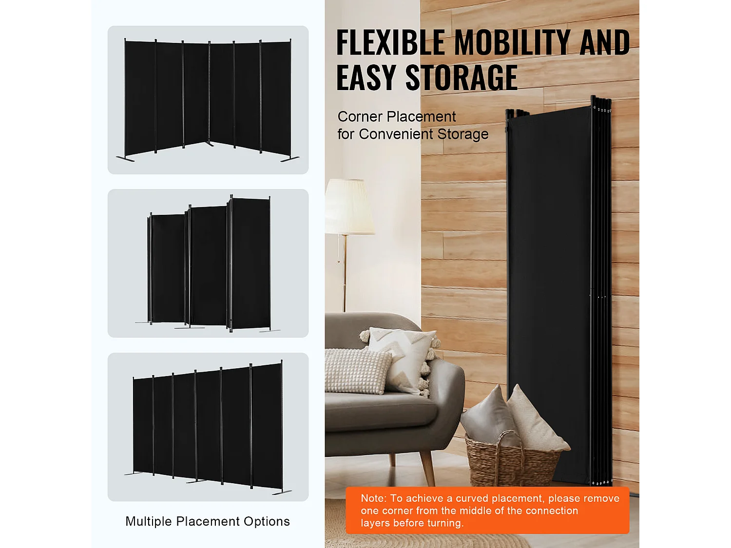 Cloison de Séparation SucceBuy Cloison de Séparation, Paravent de Confidentialité Pliable à 6 Panneaux, Cloison Portable pour Séparation de Pièce, Noir