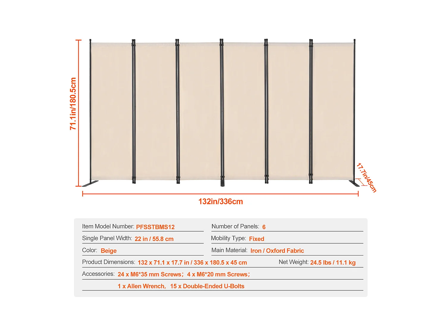 Cloison de Séparation SucceBuy Cloison de Séparation, 6 Panneaux Pliables, Cloison Portable pour Séparation de Pièce, Autoportante pour Bureau, Tissu Beige