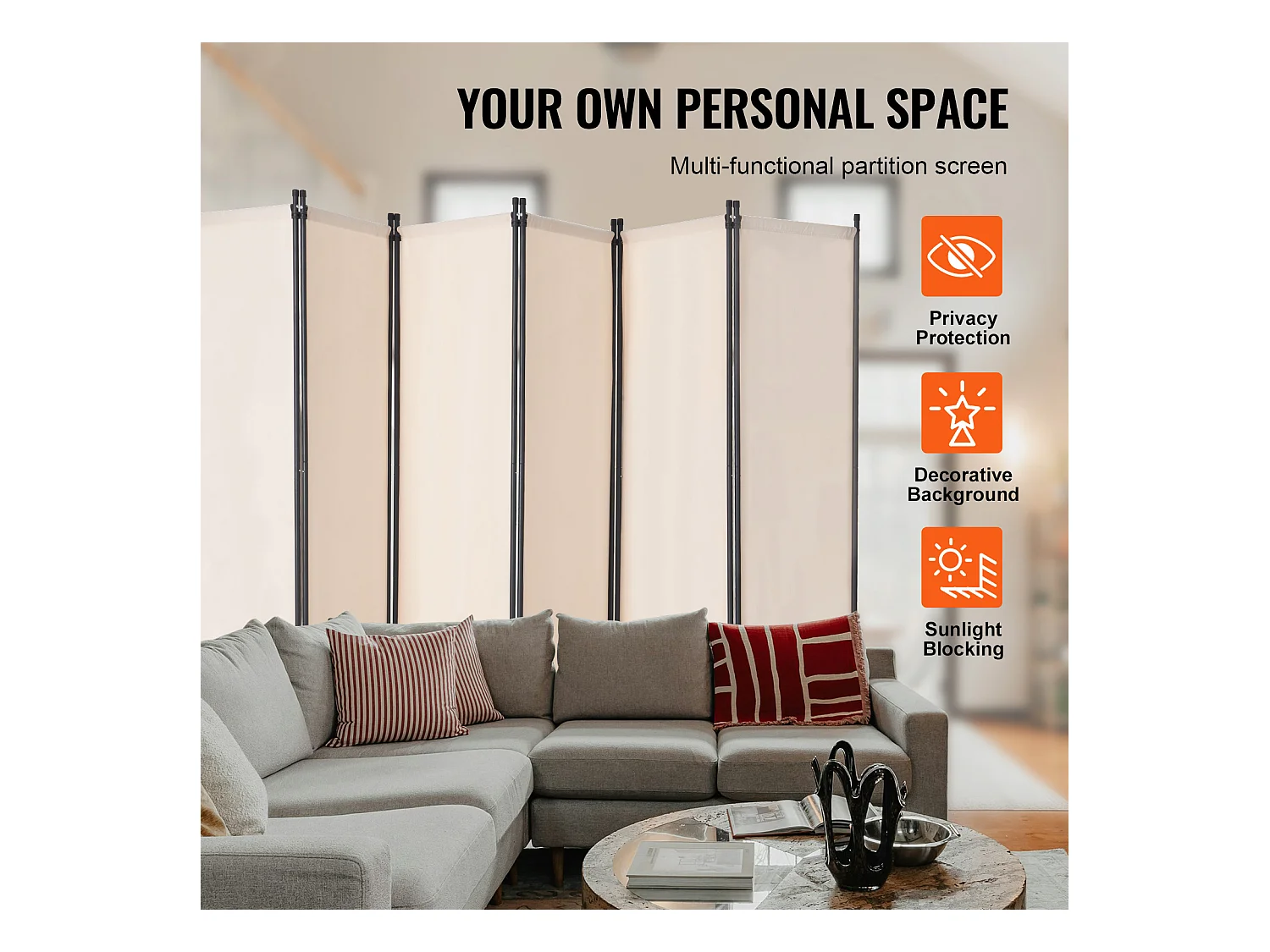 Cloison de Séparation SucceBuy Cloison de Séparation, 6 Panneaux Pliables, Cloison Portable pour Séparation de Pièce, Autoportante pour Bureau, Tissu Beige