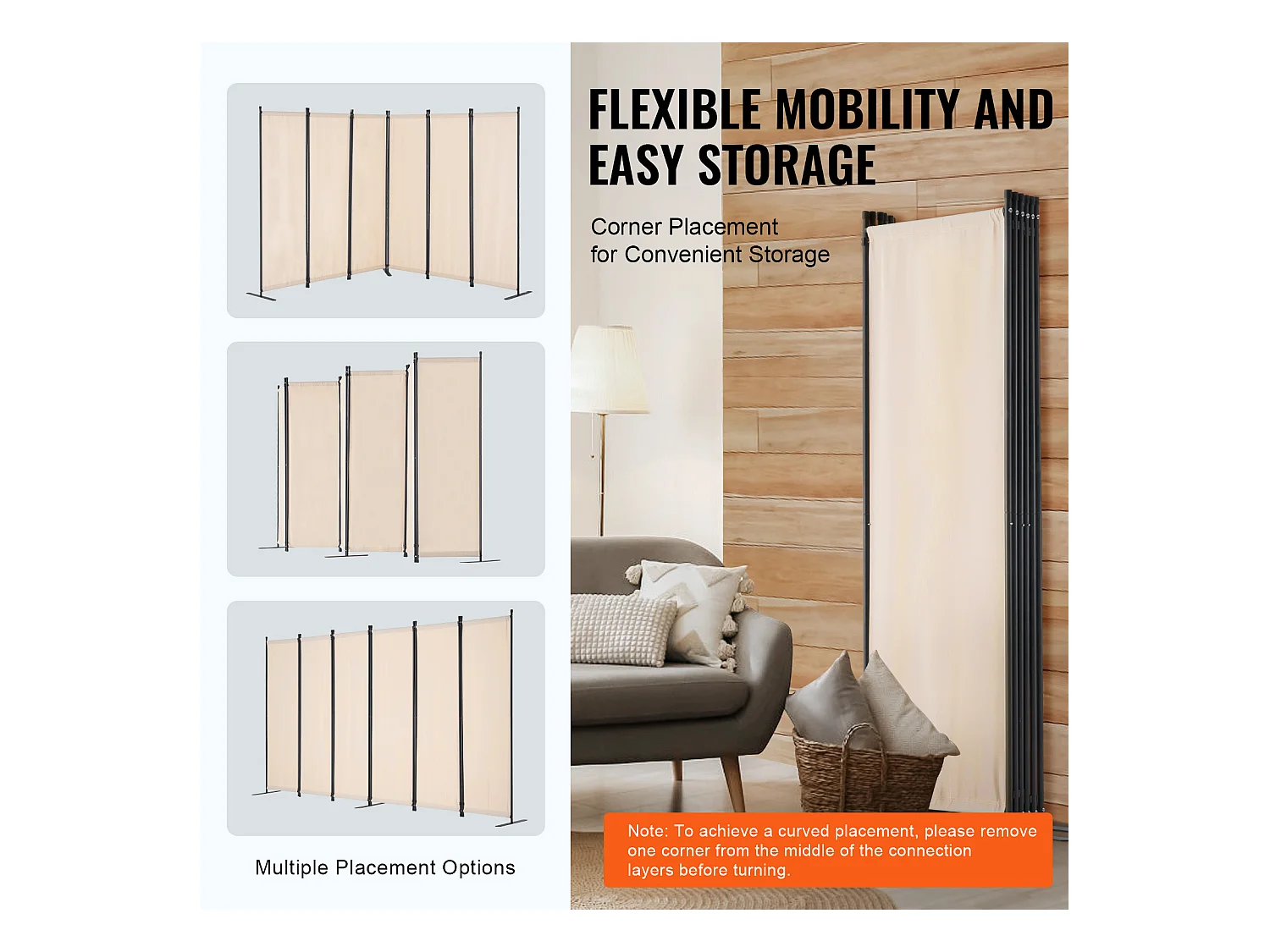 Cloison de Séparation SucceBuy Cloison de Séparation, 6 Panneaux Pliables, Cloison Portable pour Séparation de Pièce, Autoportante pour Bureau, Tissu Beige