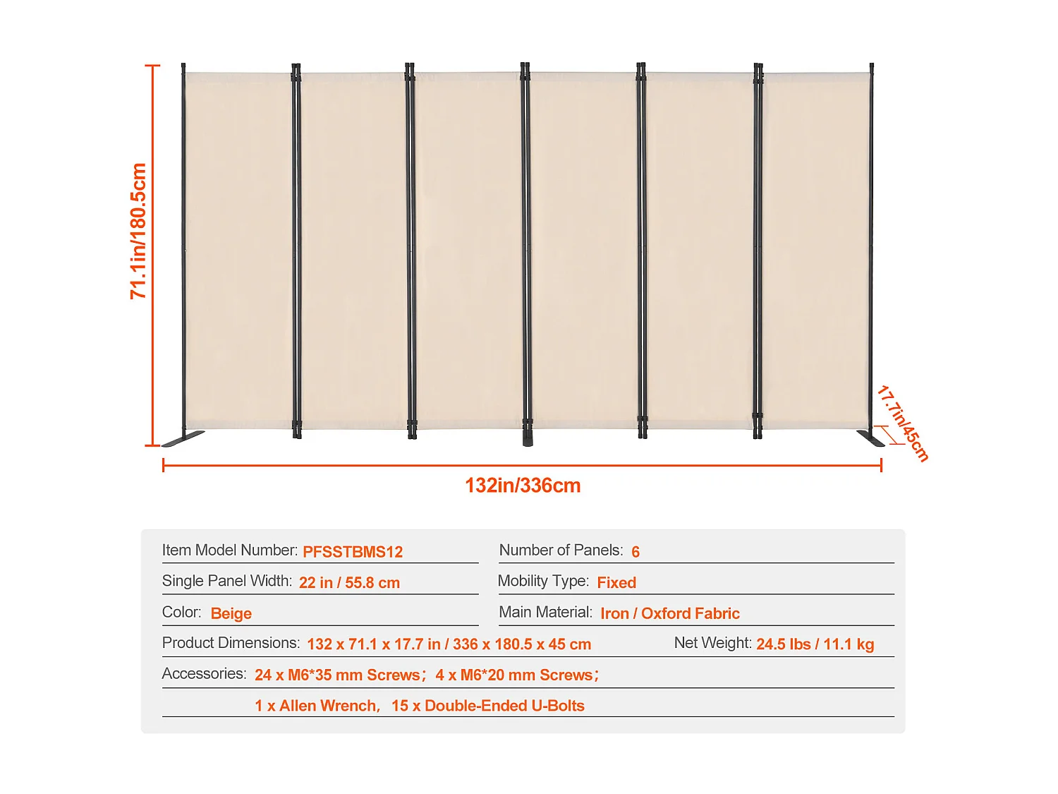 Cloison de Séparation SucceBuy Cloison de Séparation, 6 Panneaux Pliables, Cloison Portable pour Séparation de Pièce, Autoportante pour Bureau, Tissu Beige