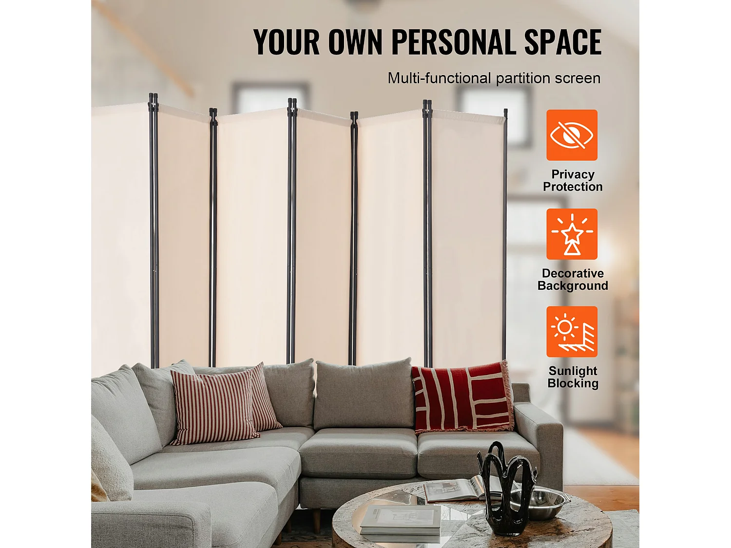 Cloison de Séparation SucceBuy Cloison de Séparation, 6 Panneaux Pliables, Cloison Portable pour Séparation de Pièce, Autoportante pour Bureau, Tissu Beige