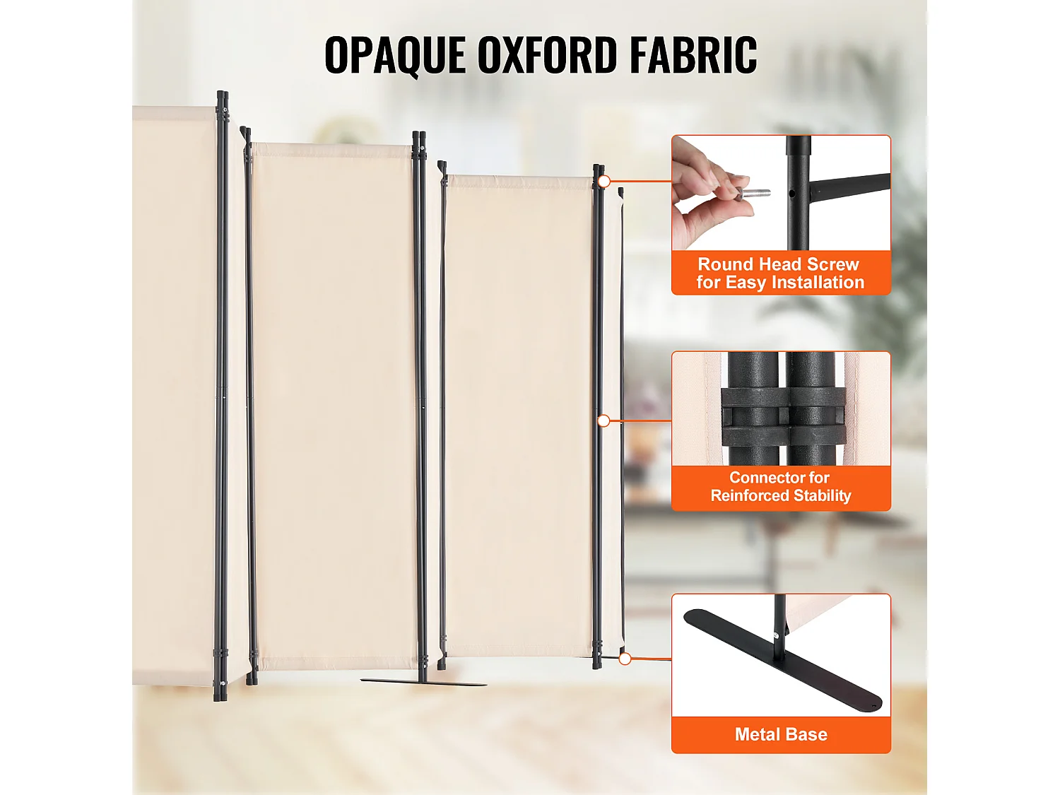 Cloison de Séparation SucceBuy Cloison de Séparation, 6 Panneaux Pliables, Cloison Portable pour Séparation de Pièce, Autoportante pour Bureau, Tissu Beige