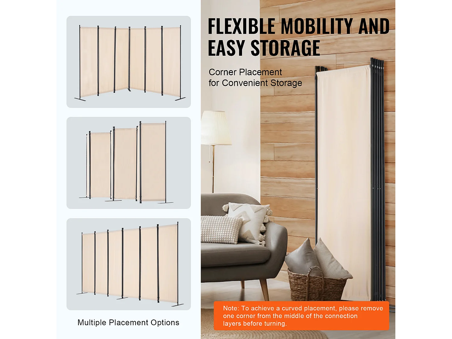 Cloison de Séparation SucceBuy Cloison de Séparation, 6 Panneaux Pliables, Cloison Portable pour Séparation de Pièce, Autoportante pour Bureau, Tissu Beige