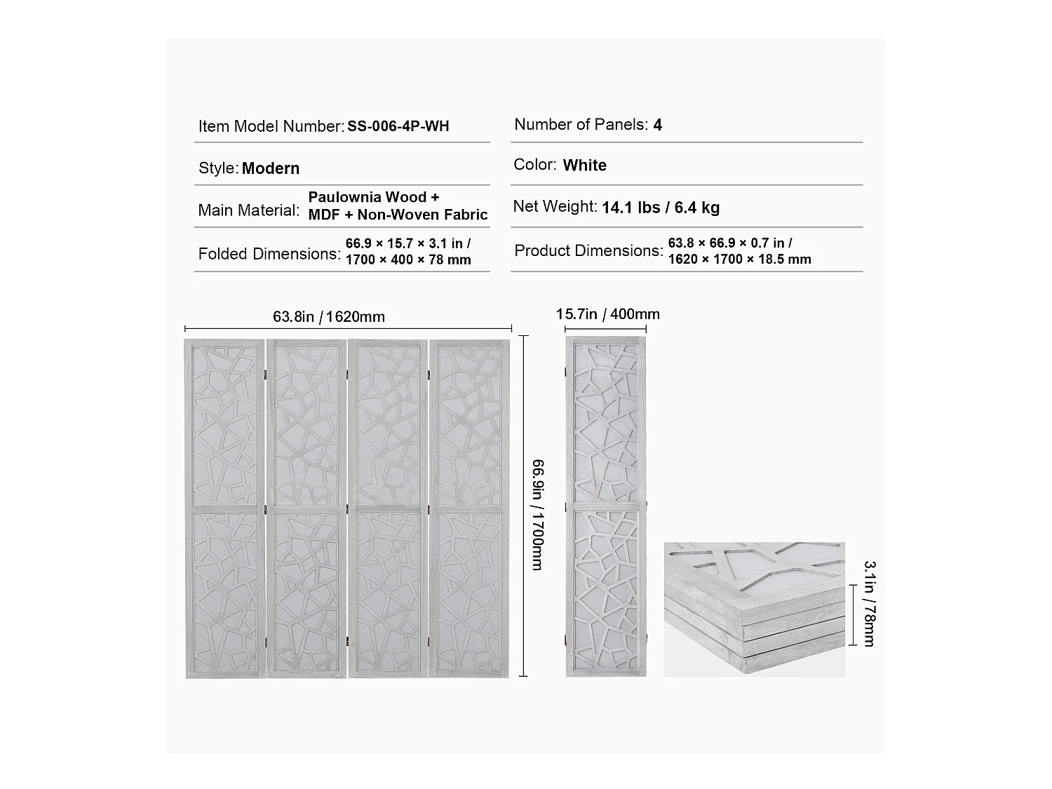 Holz-Raumteiler SucceBuy, 4-teiliger Sichtschutz aus Holz zur Raumtrennung