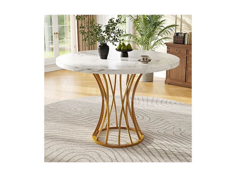 Table à manger rond 4 personnes avec plateau en placage marbre blanc et pieds en métal doré