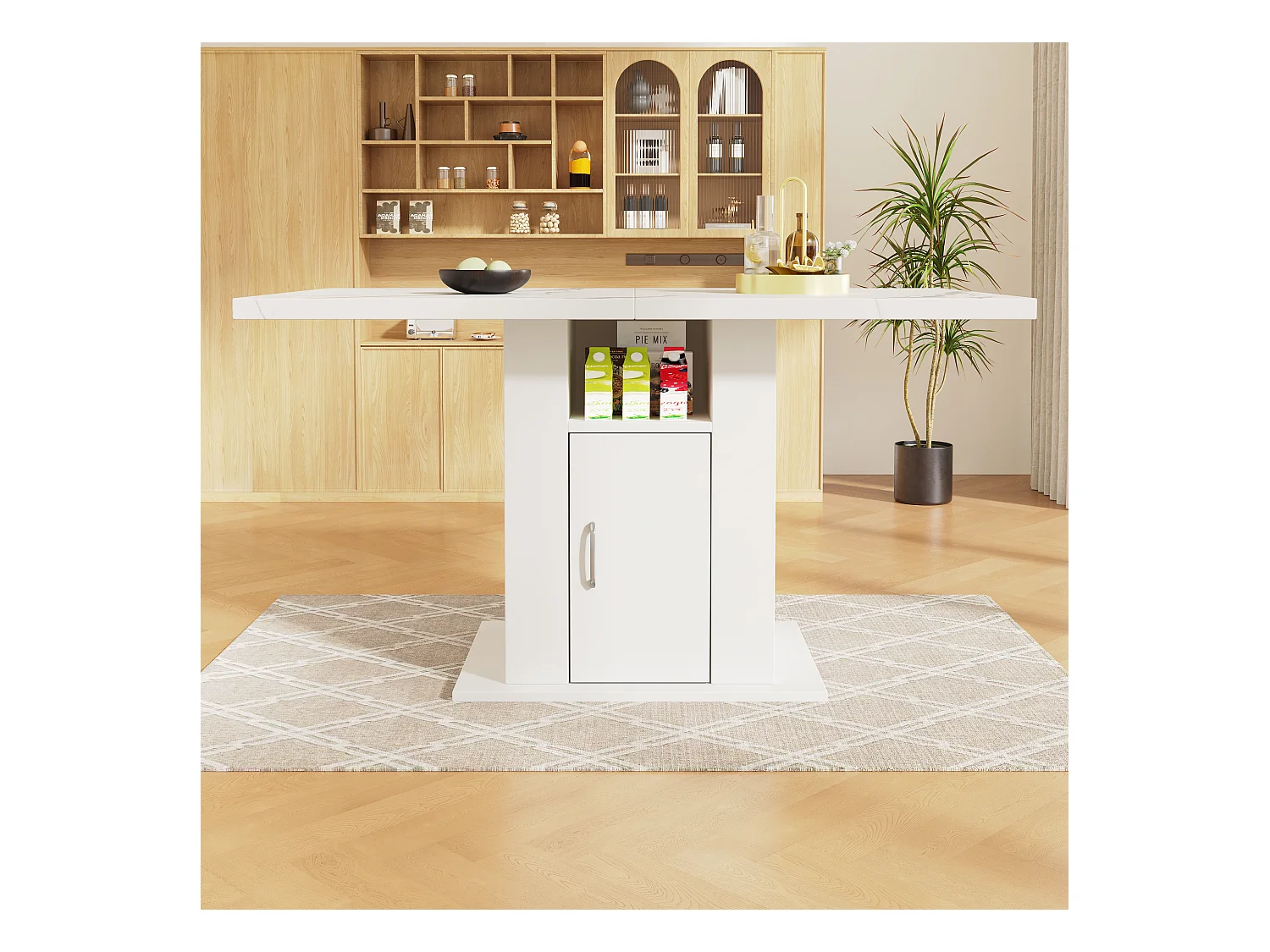 Eettafel voor 6 personen 140x75cm in marmerfineer met kast en planken
