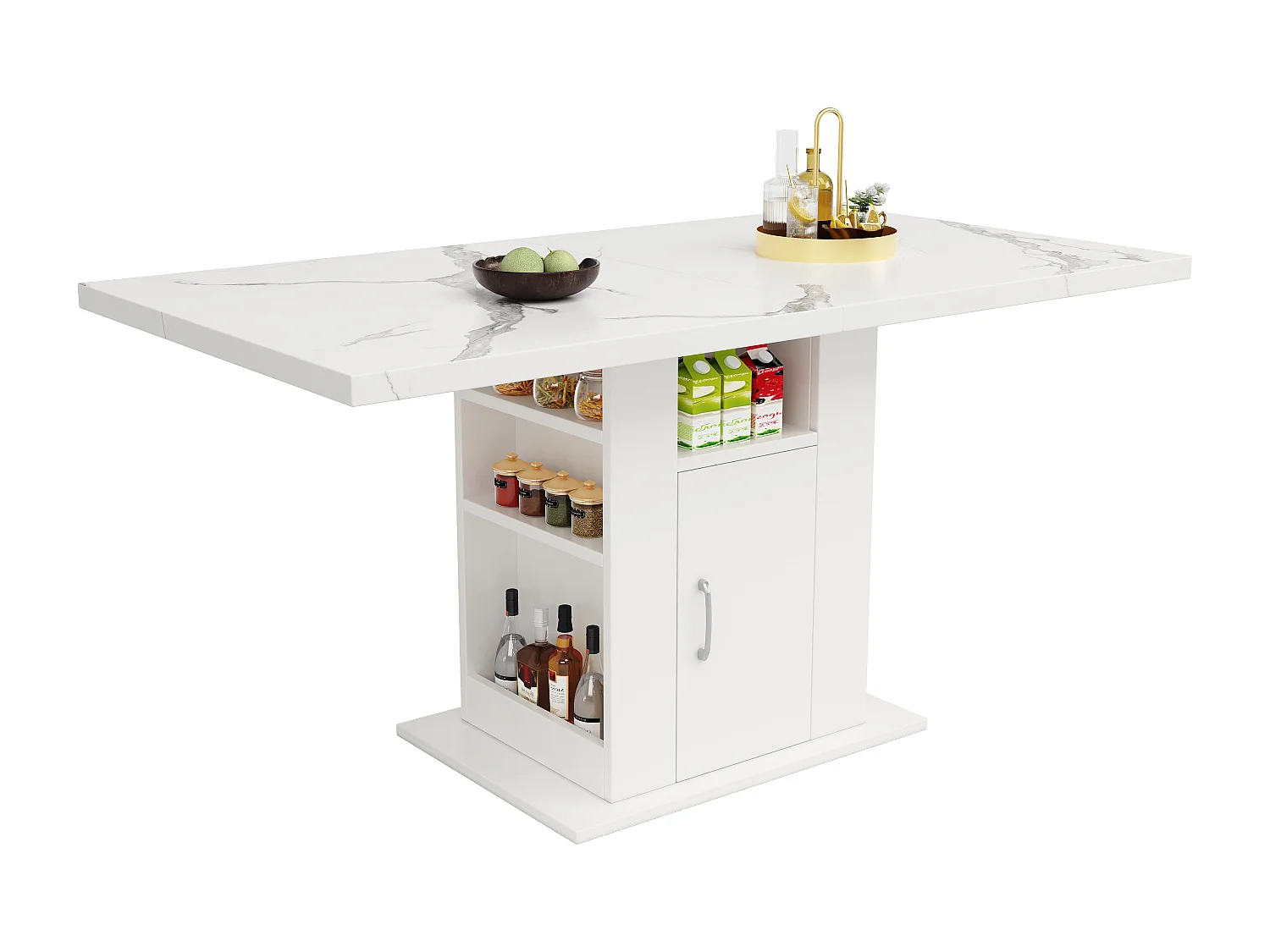 Table à manger 6 personnes 140x75cm en placage effet marbre avec placard et Etagères