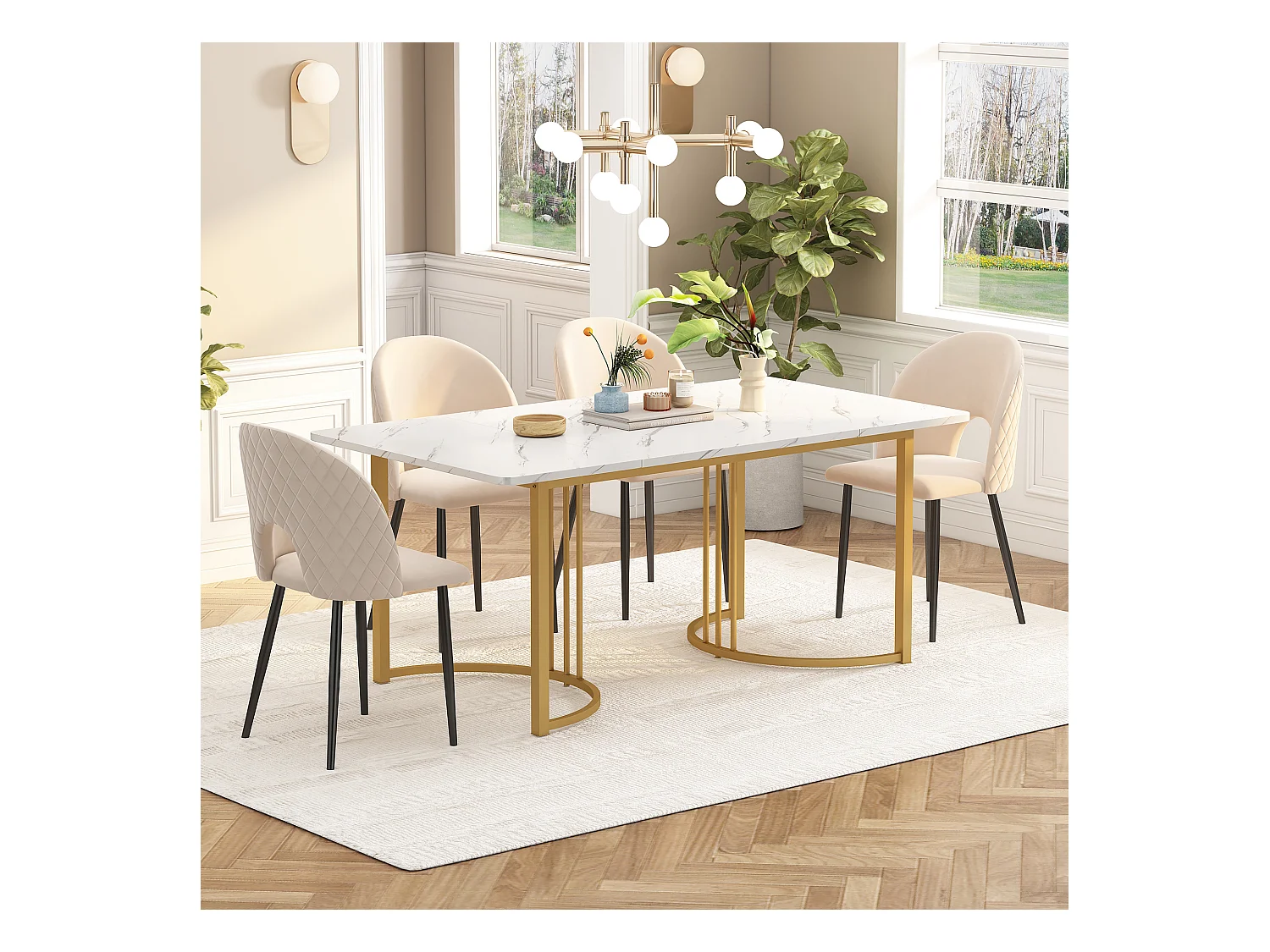 Table à manger avec placage marbre blanc 4-6 personnes 140x80cm en MDF, pieds en métal doré