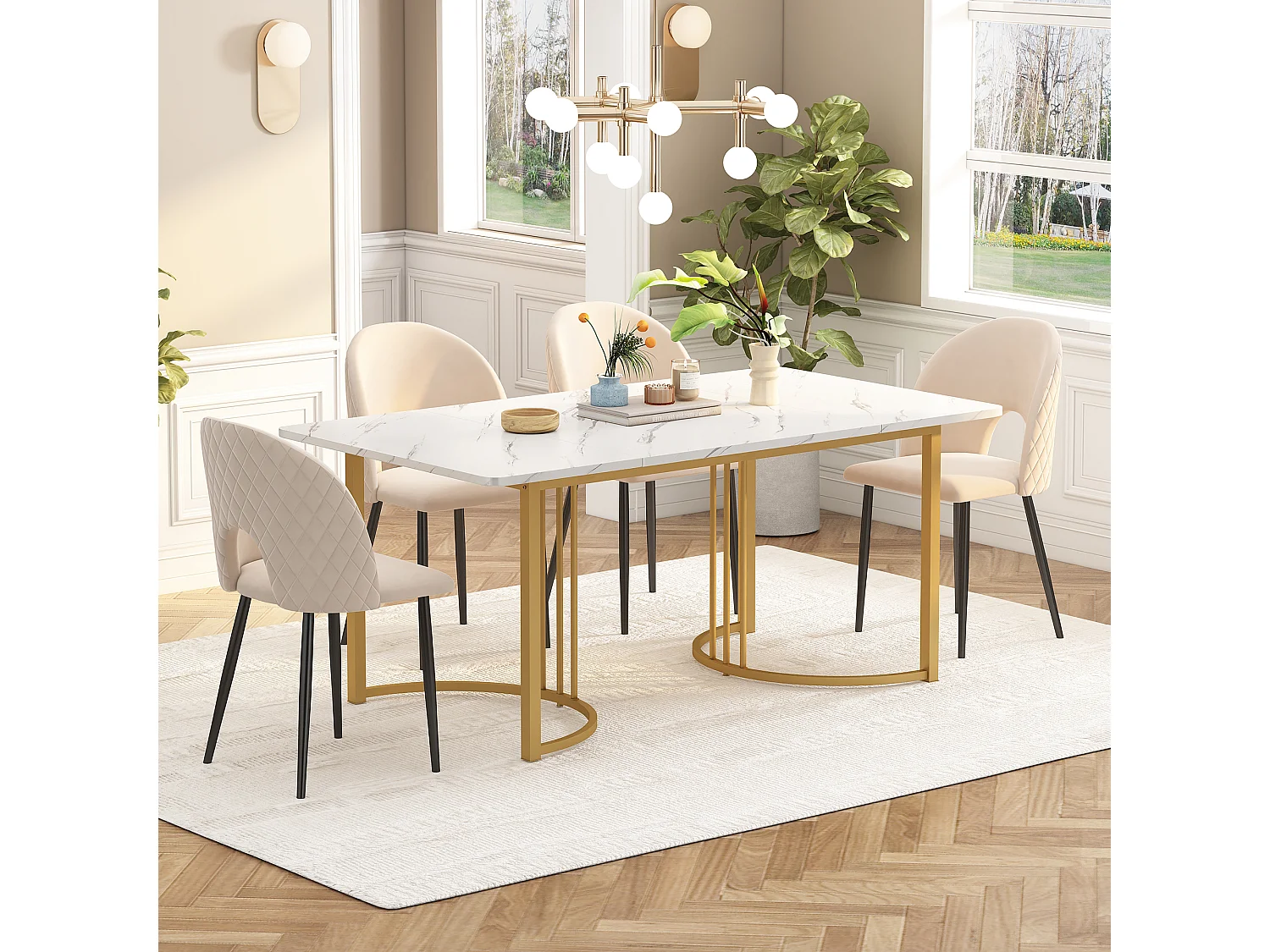 Table à manger avec placage marbre blanc 4-6 personnes 140x80cm en MDF, pieds en métal doré