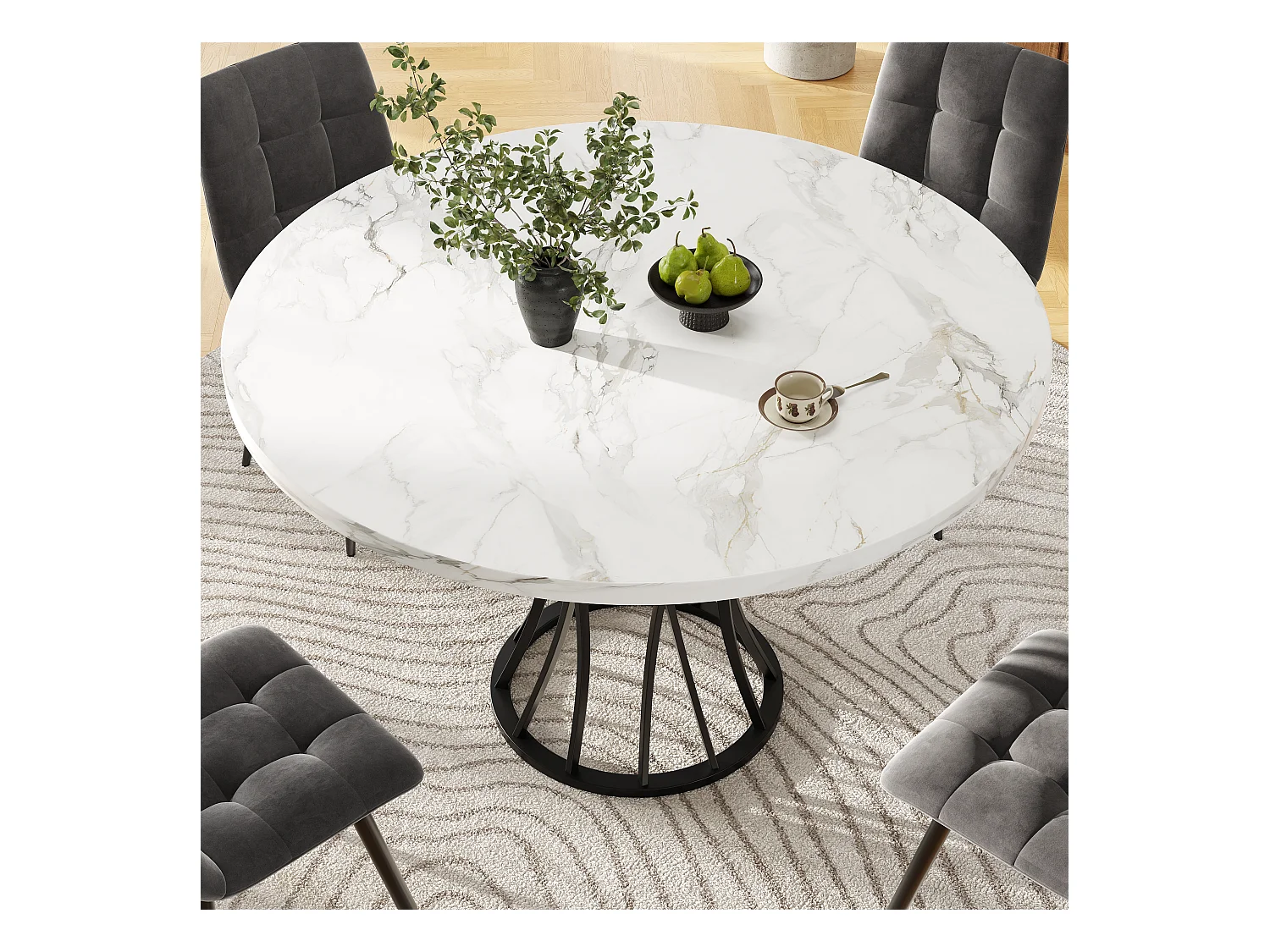 Table à manger rond 4 personnes avec plateau en placage marbre blanc et pieds en métal noir