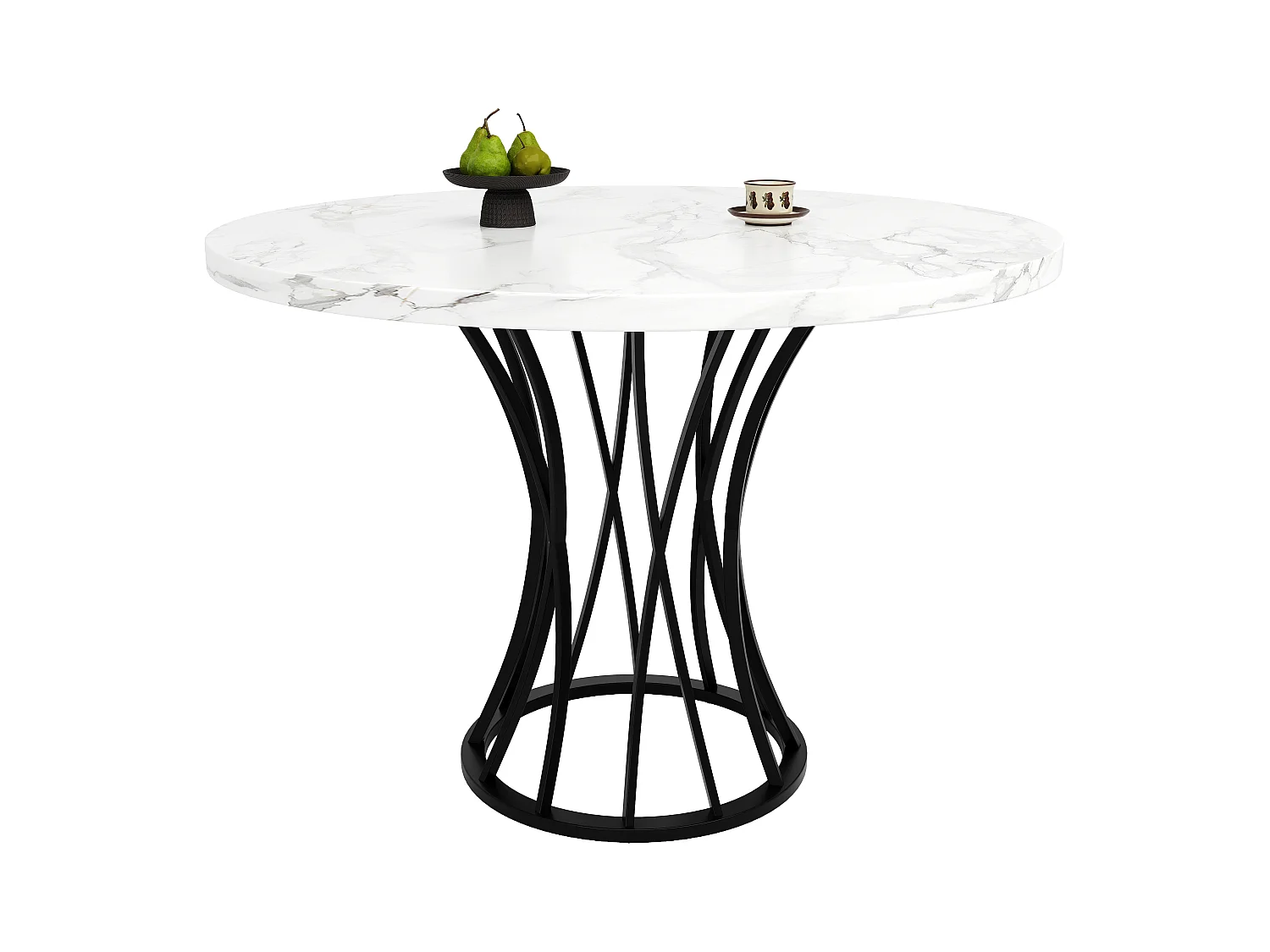 Table à manger rond 4 personnes avec plateau en placage marbre blanc et pieds en métal noir