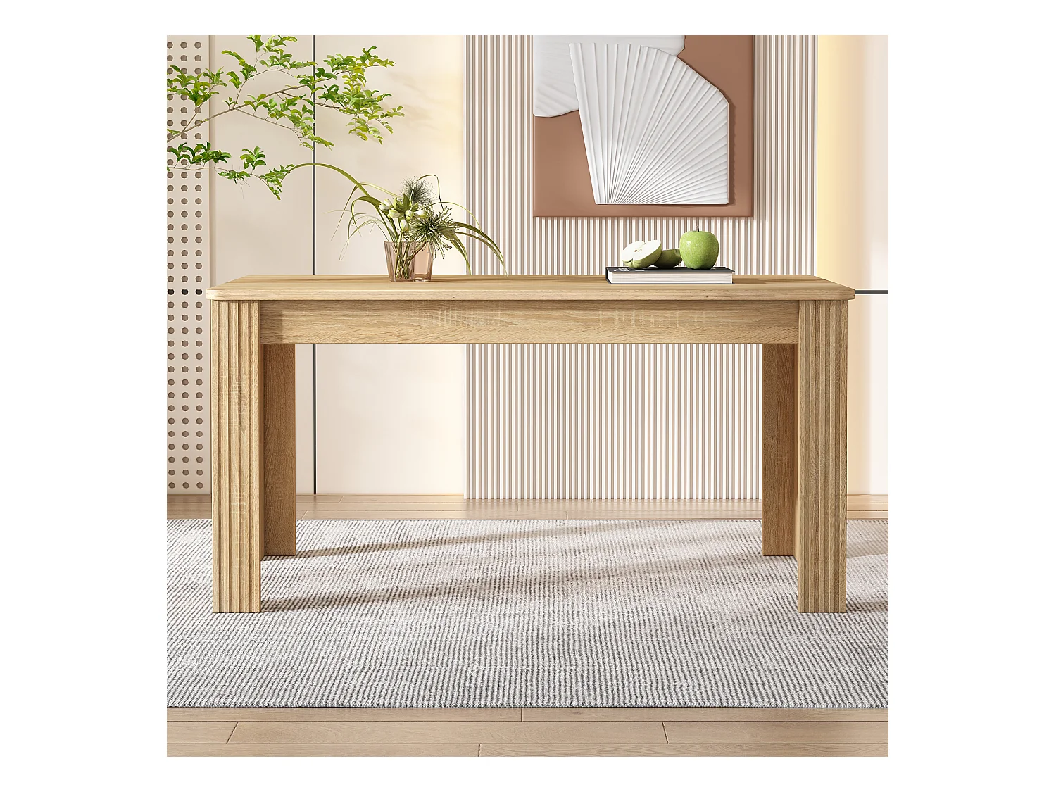 Table à manger 6 personnes avec 4 pieds epais, woodgrain naturel clair