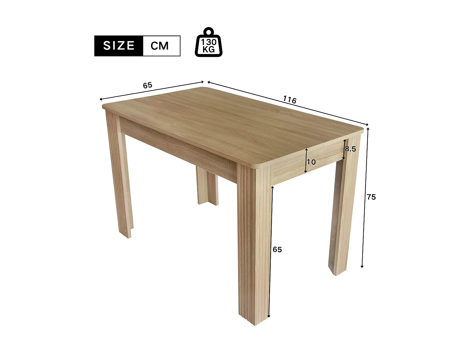 Eettafel voor 6 personen met 4 dikke poten, lichte natuurlijke houtnerf