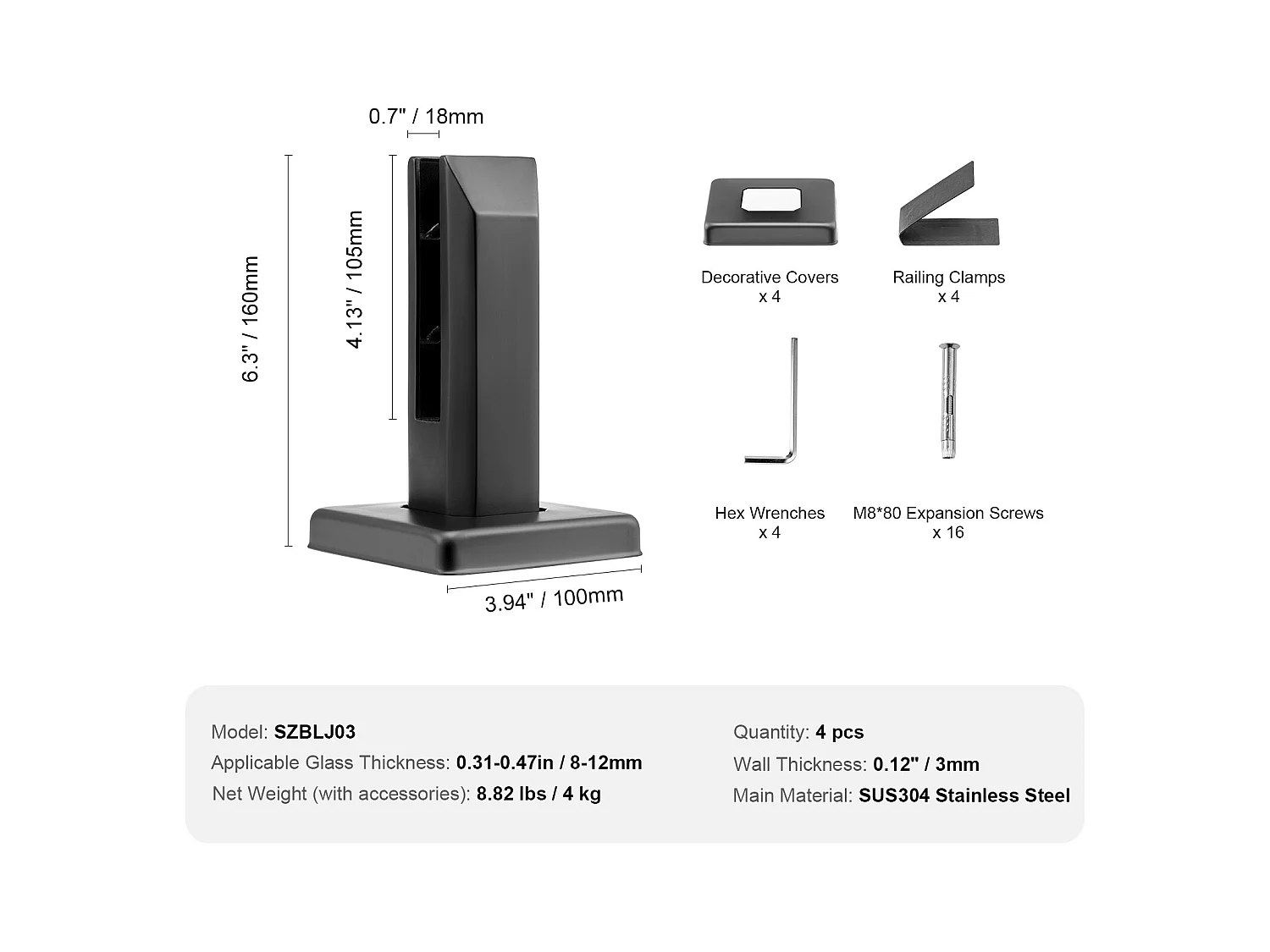 Glasklem SucceBuy Vierkantevoor 8-12 mm Glazen Balustrade, 4 Stuks, Balkon, Zwart