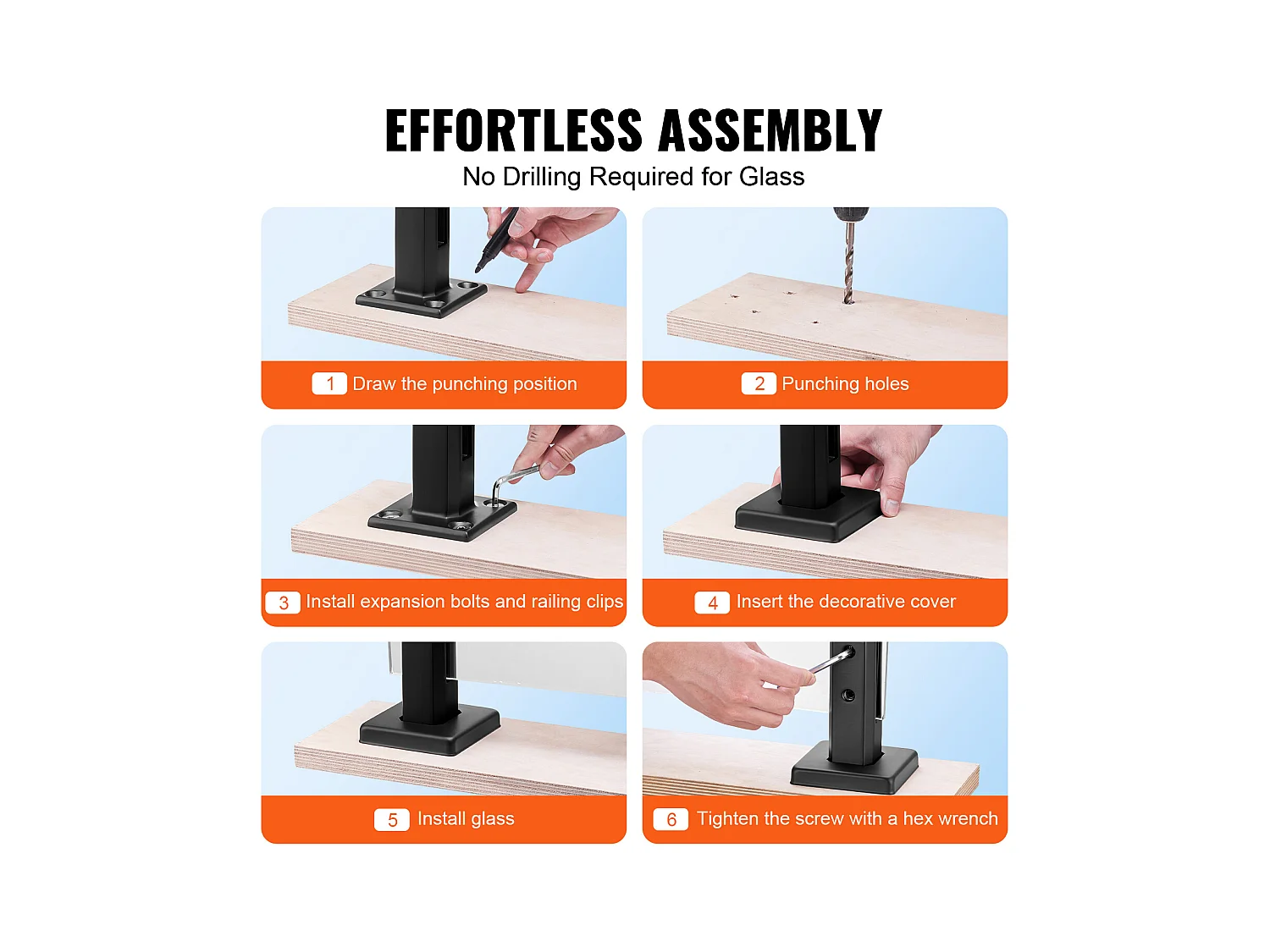 Glasklem SucceBuy Vierkantevoor 8-12 mm Glazen Balustrade, 4 Stuks, Balkon, Zwart