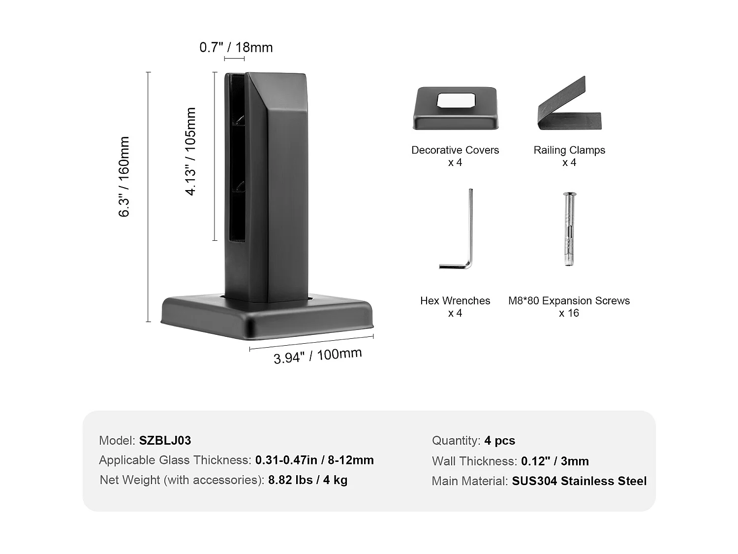 Glasklem SucceBuy Vierkantevoor 8-12 mm Glazen Balustrade, 4 Stuks, Balkon, Zwart