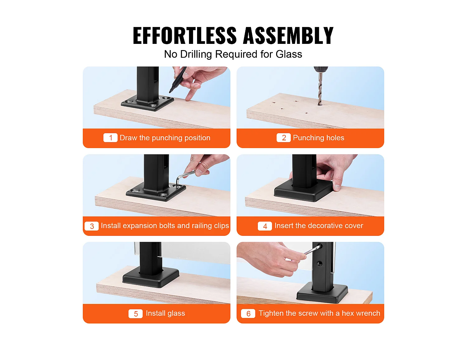 Glasklem SucceBuy Vierkantevoor 8-12 mm Glazen Balustrade, 4 Stuks, Balkon, Zwart