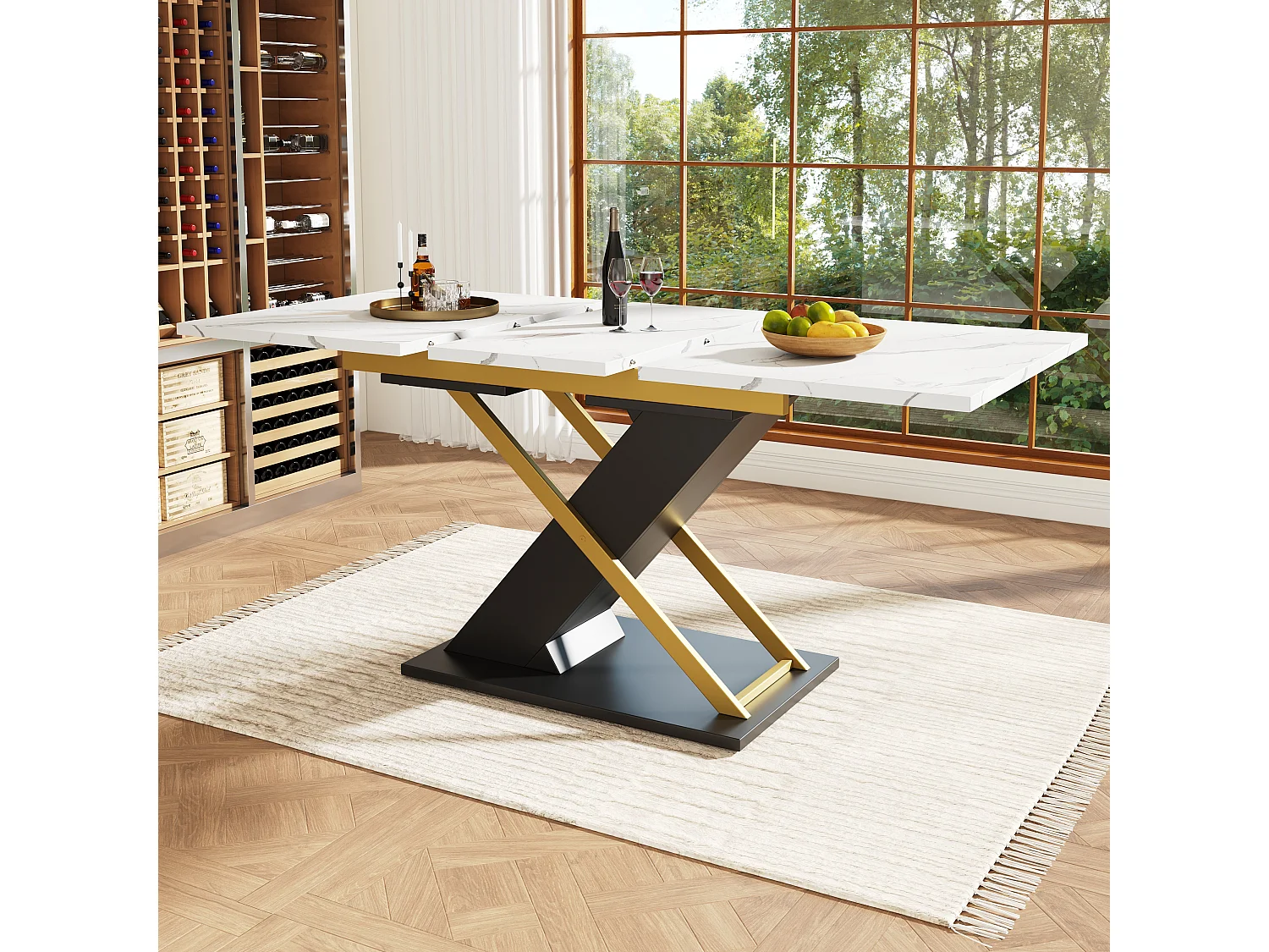 Table à manger extensible 6-8 personnes 160x80cm, plateau en effet marbre avec pieds en métal doré croisé