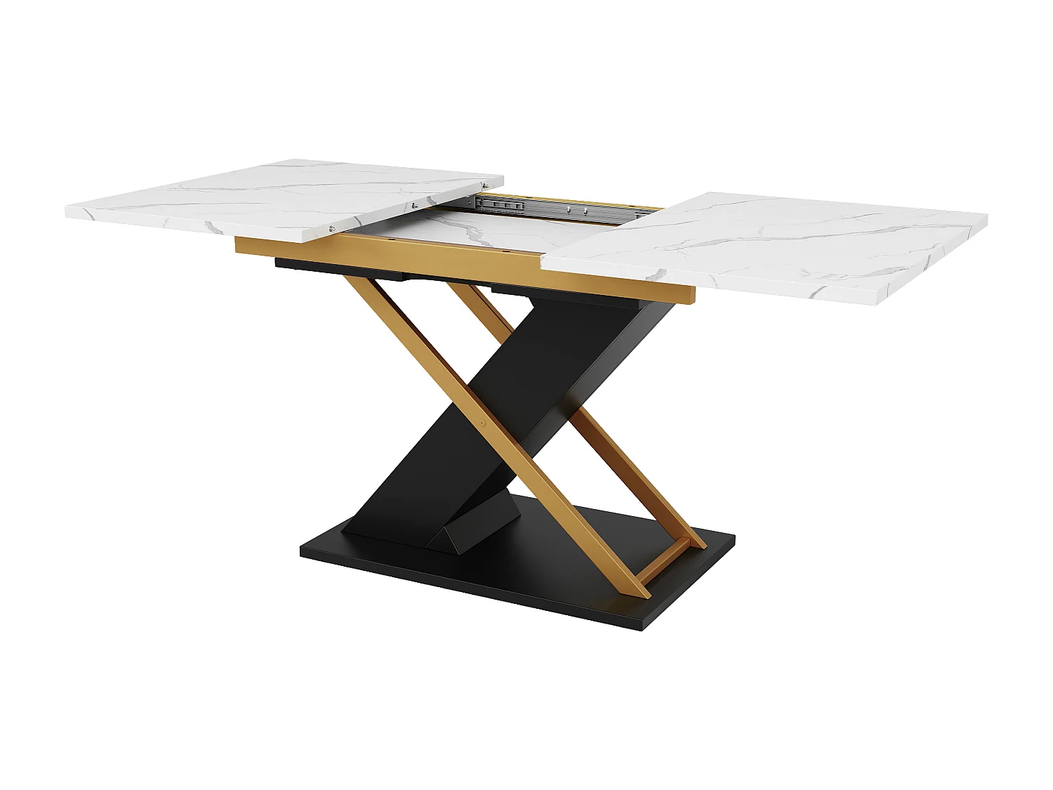 Table à manger extensible 6-8 personnes 160x80cm, plateau en effet marbre avec pieds en métal doré croisé