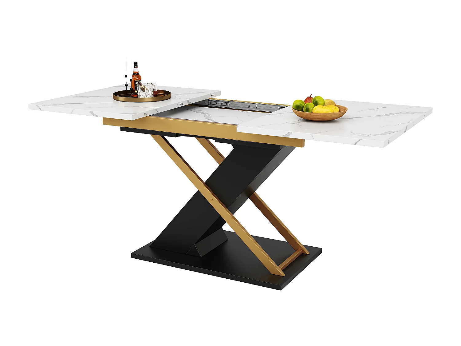 Table à manger extensible 6-8 personnes 160x80cm, plateau en effet marbre avec pieds en métal doré croisé