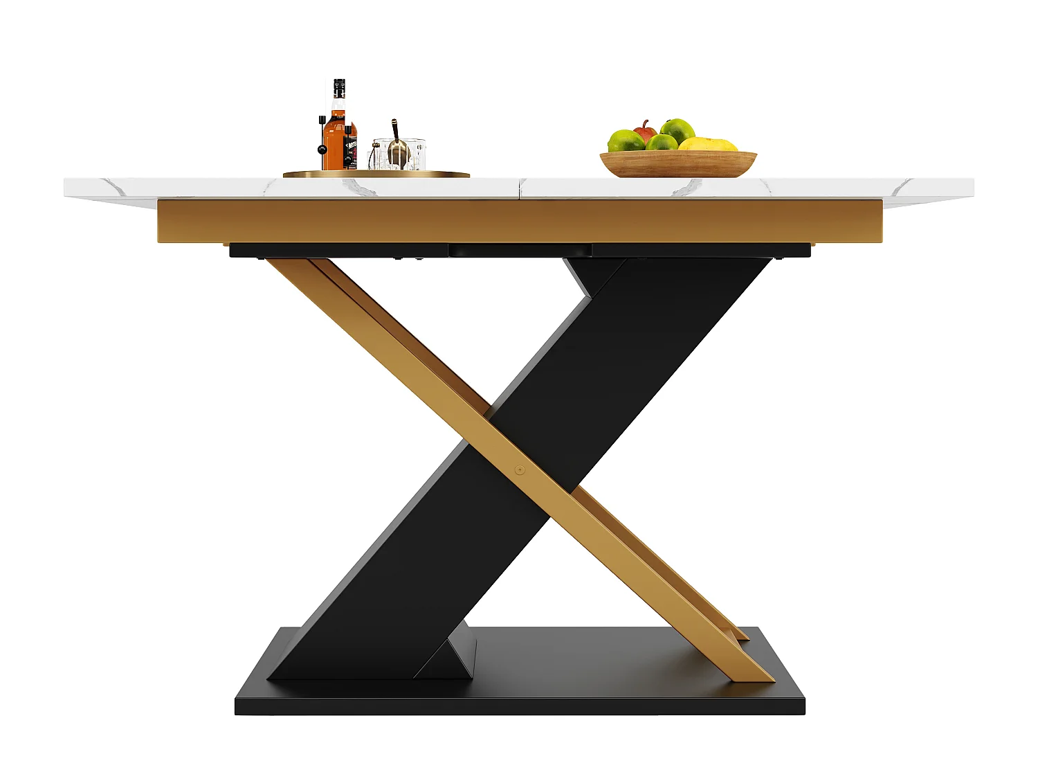 Table à manger extensible 6-8 personnes 160x80cm, plateau en effet marbre avec pieds en métal doré croisé