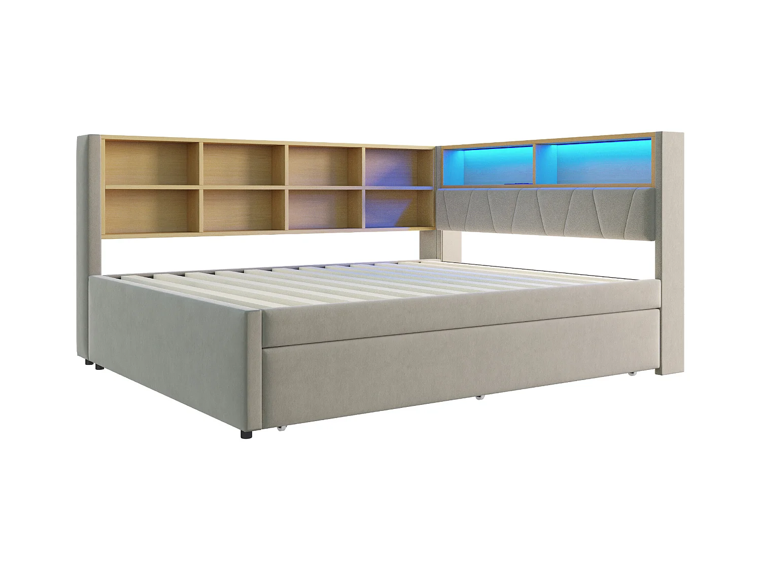 Lit enfant 140x200cm avec LED/USB et étagères de rangement, lit gigogne 90x190cm, en flanelle gris clair, sans matelas