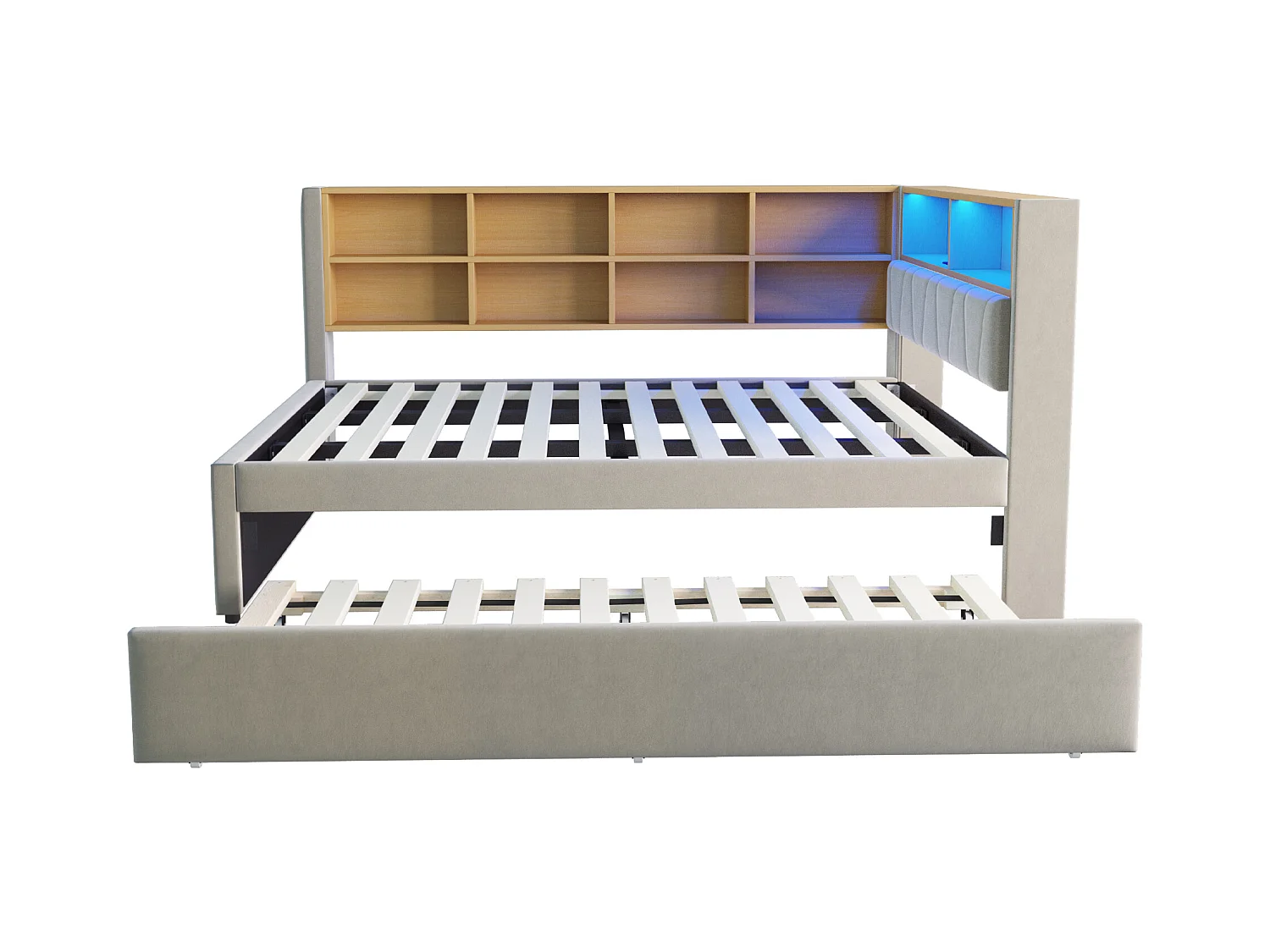 Lit enfant 140x200cm avec LED/USB et étagères de rangement, lit gigogne 90x190cm, en flanelle gris clair, sans matelas