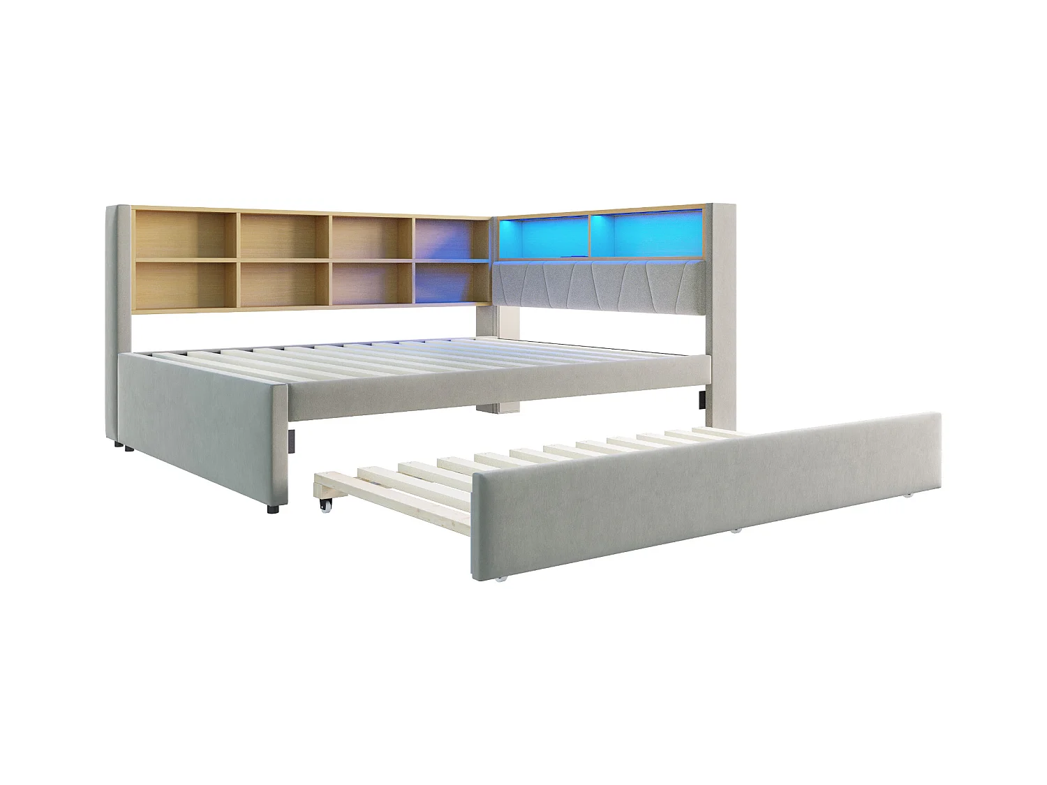 Lit enfant 140x200cm avec LED/USB et étagères de rangement, lit gigogne 90x190cm, en flanelle gris clair, sans matelas