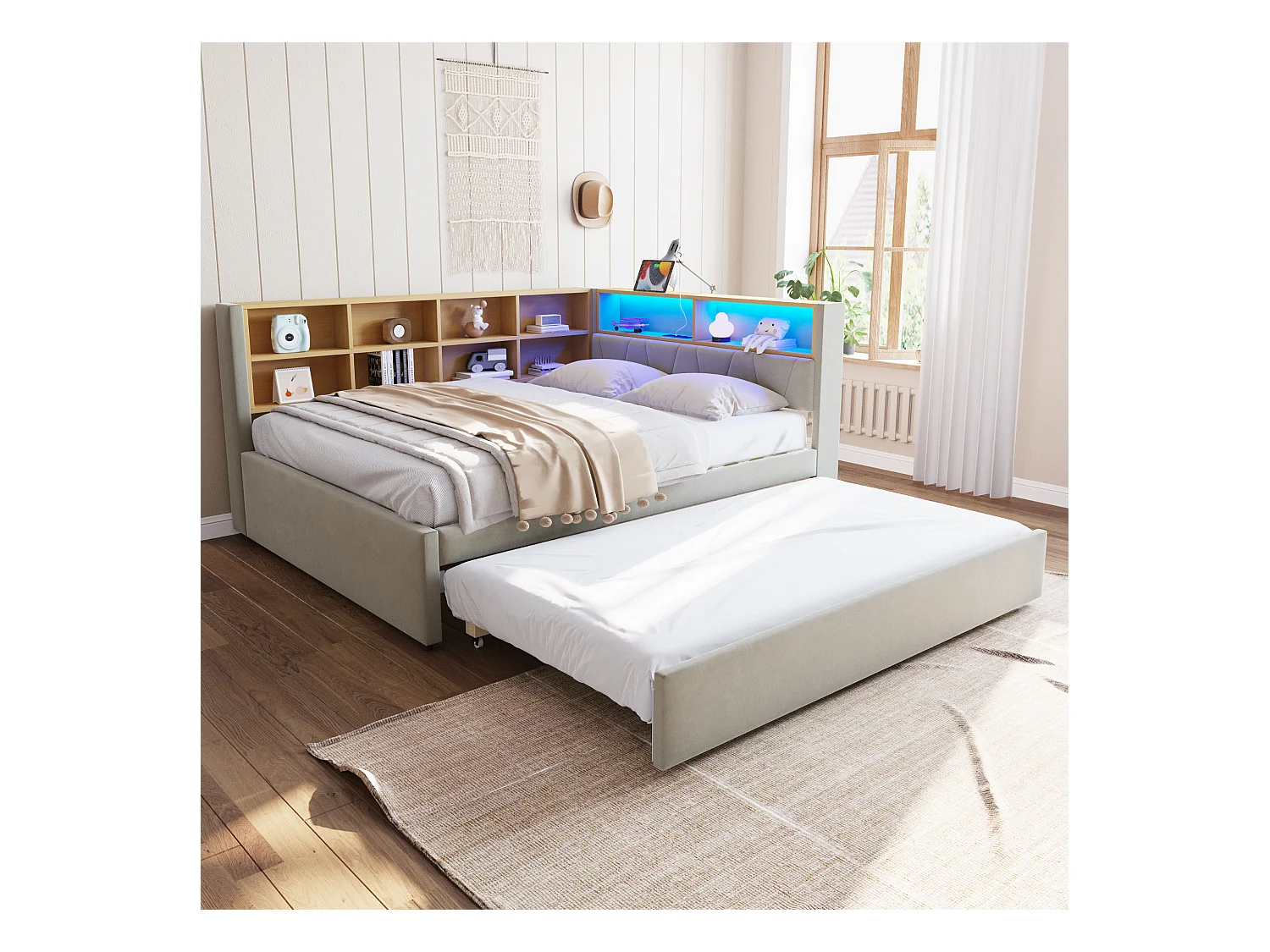 Cama infantil 140x200 cm con LED/USB y estanterías, cama nido 90x190 cm, en franela gris claro, sin colchón