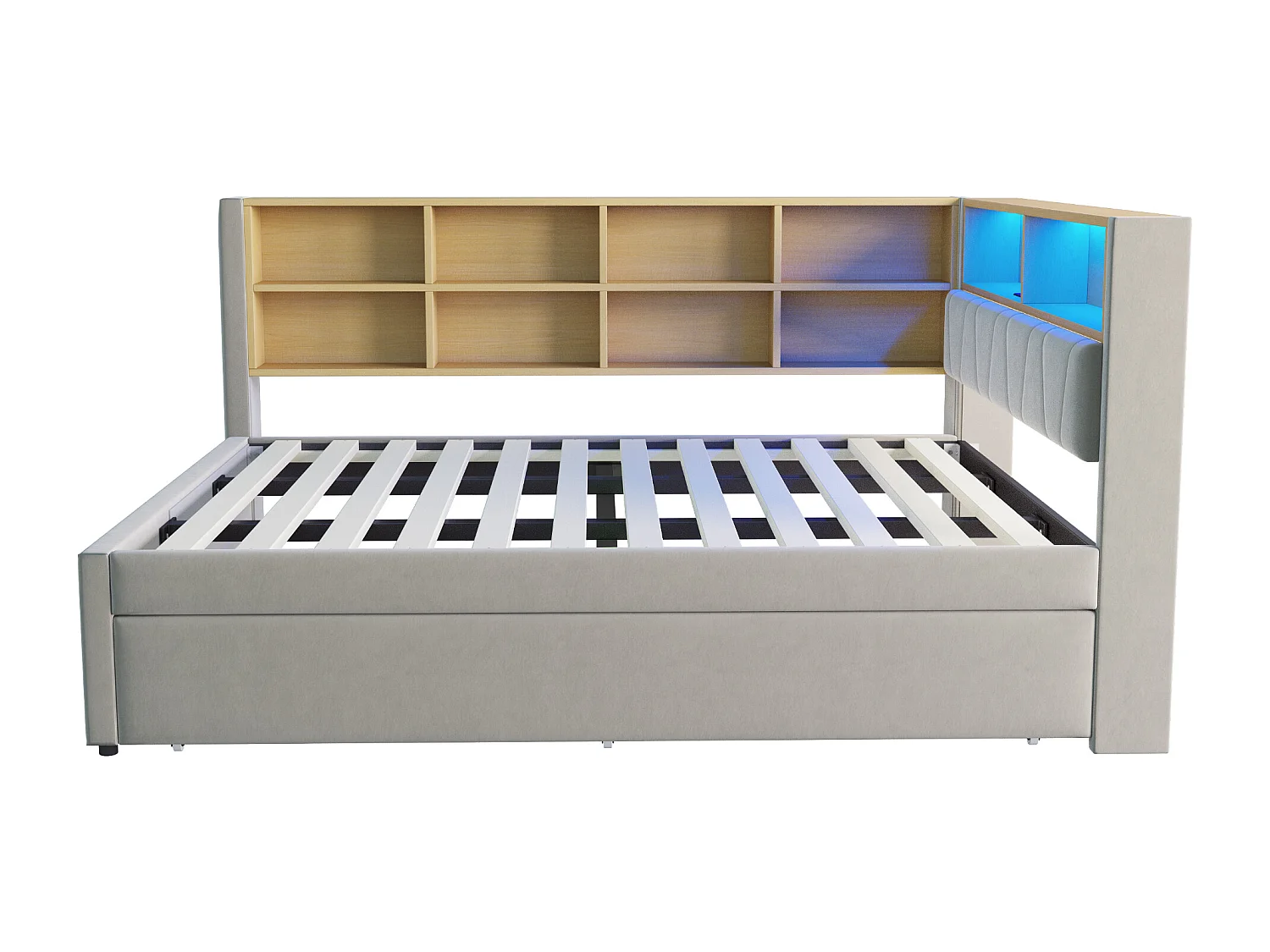 Lit enfant 140x200cm avec LED/USB et étagères de rangement, lit gigogne 90x190cm, en flanelle gris clair, sans matelas