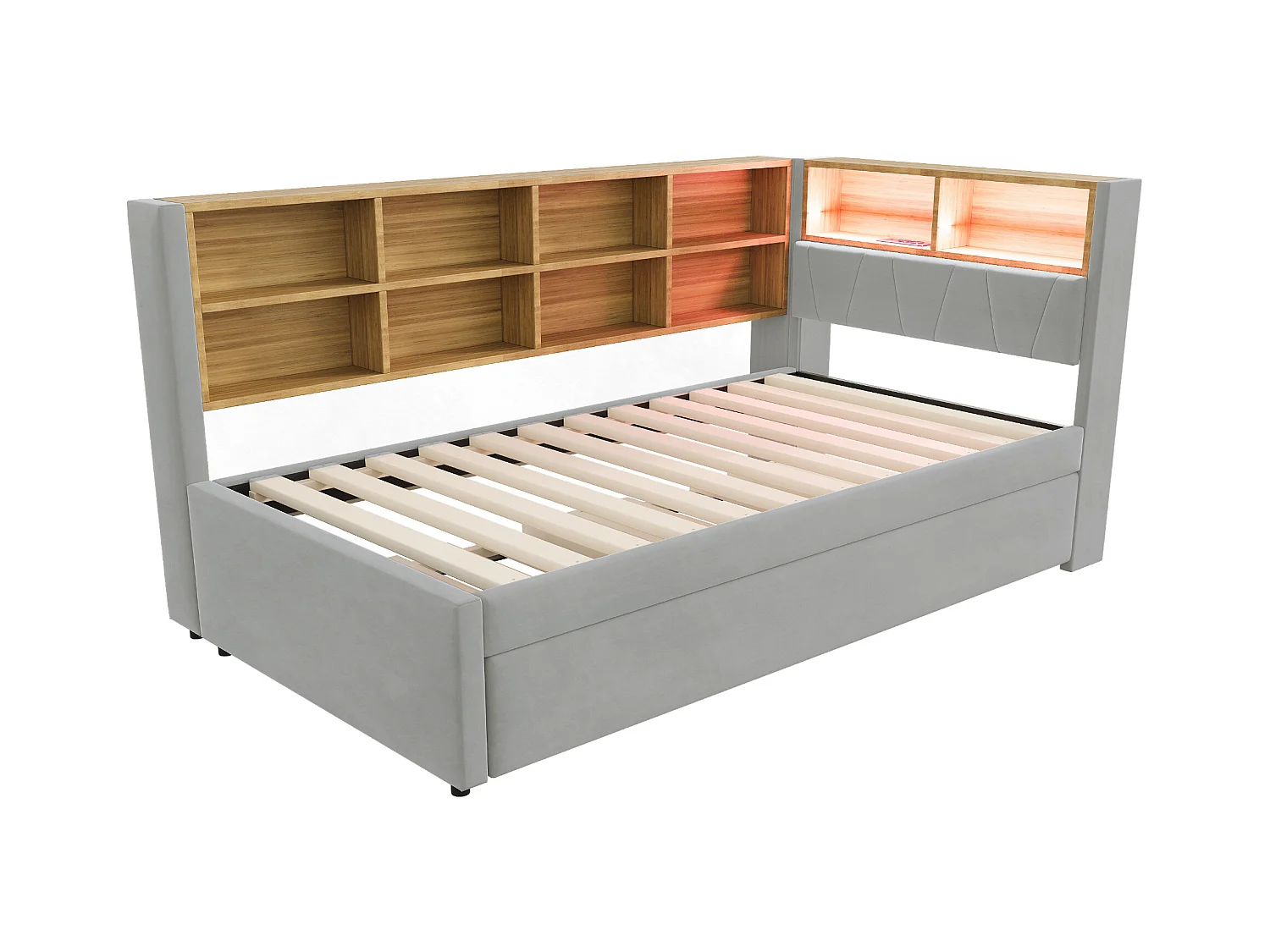 Cama infantil 90x200 cm con LED/USB y estanterías, cama nido 90x190 cm, en franela gris claro, sin colchón