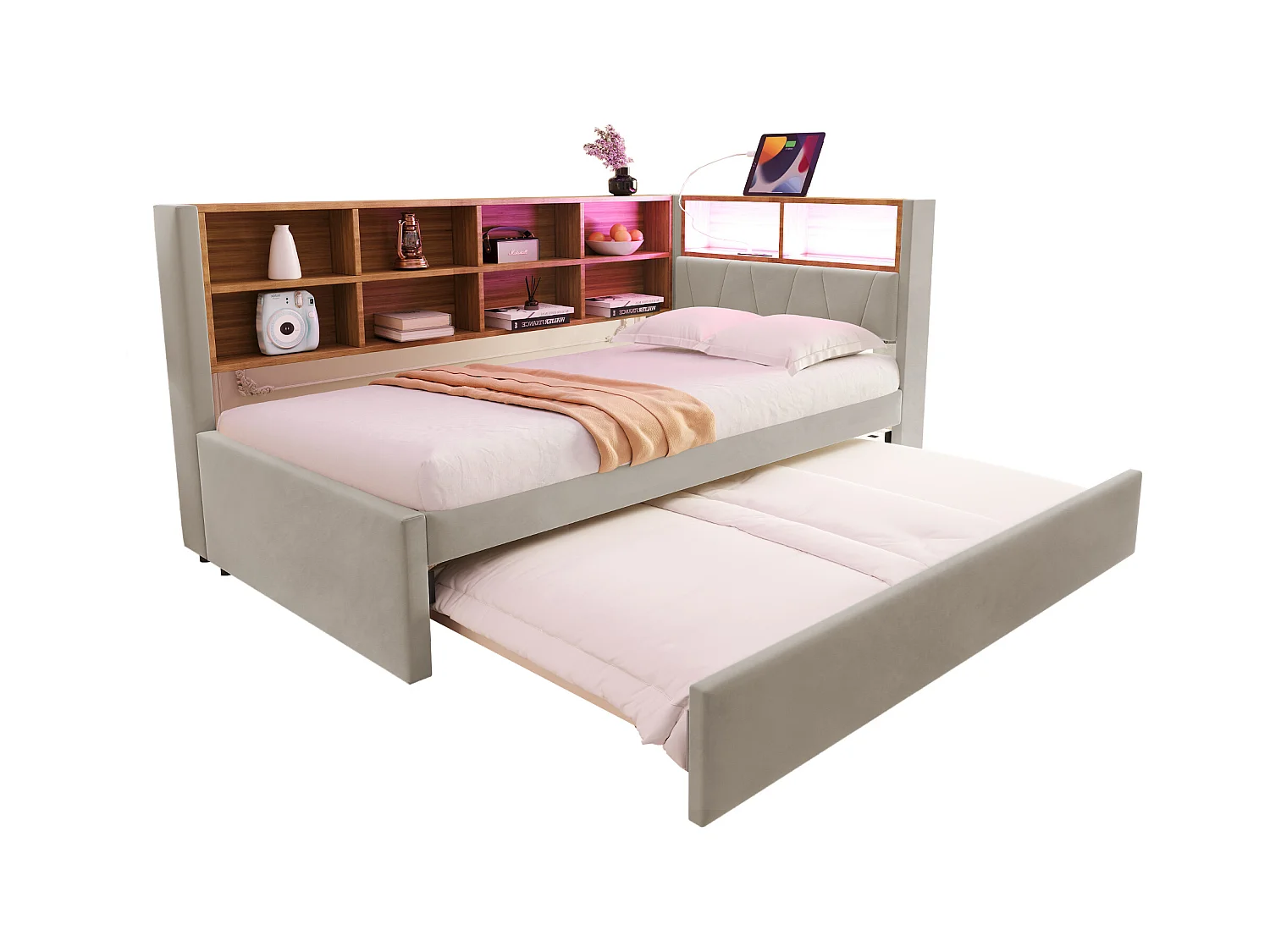 Cama infantil 90x200 cm con LED/USB y estanterías, cama nido 90x190 cm, en franela gris claro, sin colchón