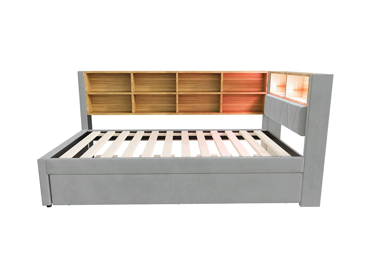 Cama infantil 90x200 cm con LED/USB y estanterías, cama nido 90x190 cm, en franela gris claro, sin colchón
