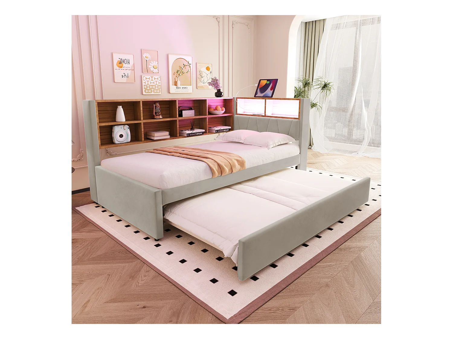 Lit enfant 90x200cm avec LED/USB et étagères de rangement, lit gigogne 90x190cm, en flanelle gris clair, sans matelas