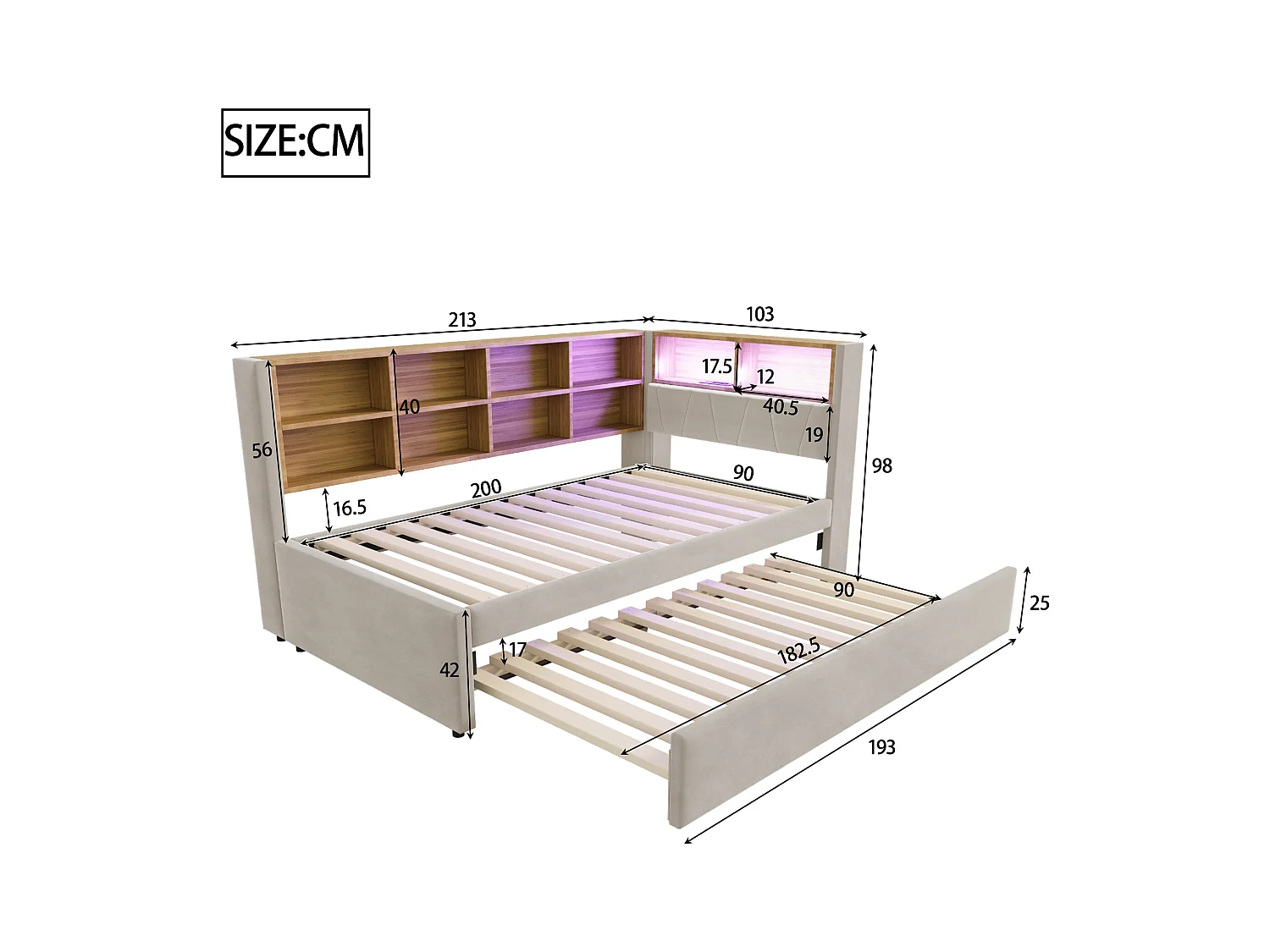 Lit enfant 90x200cm avec LED/USB et étagères de rangement, lit gigogne 90x190cm, en flanelle gris clair, sans matelas