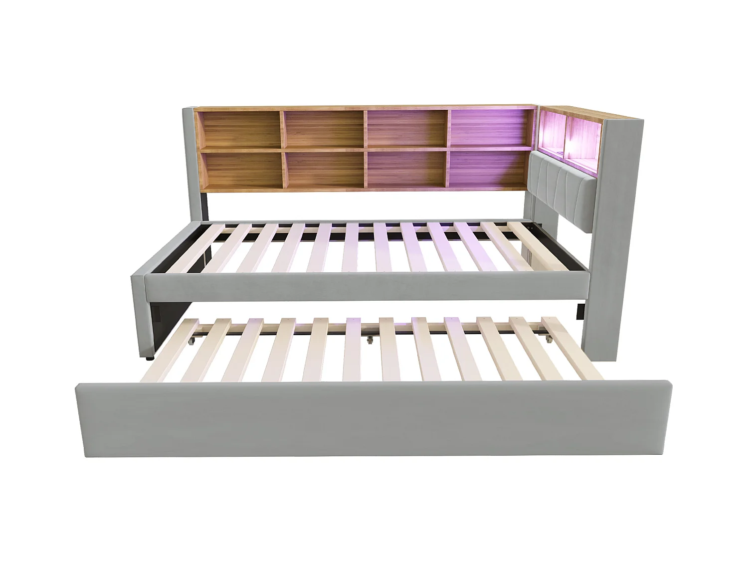 Lit enfant 90x200cm avec LED/USB et étagères de rangement, lit gigogne 90x190cm, en flanelle gris clair, sans matelas