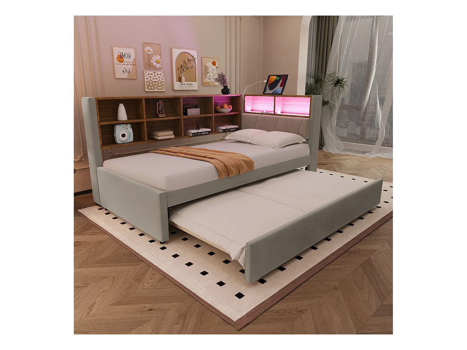 Lit enfant 90x200cm avec LED/USB et étagères de rangement, lit gigogne 90x190cm, en flanelle gris clair, sans matelas