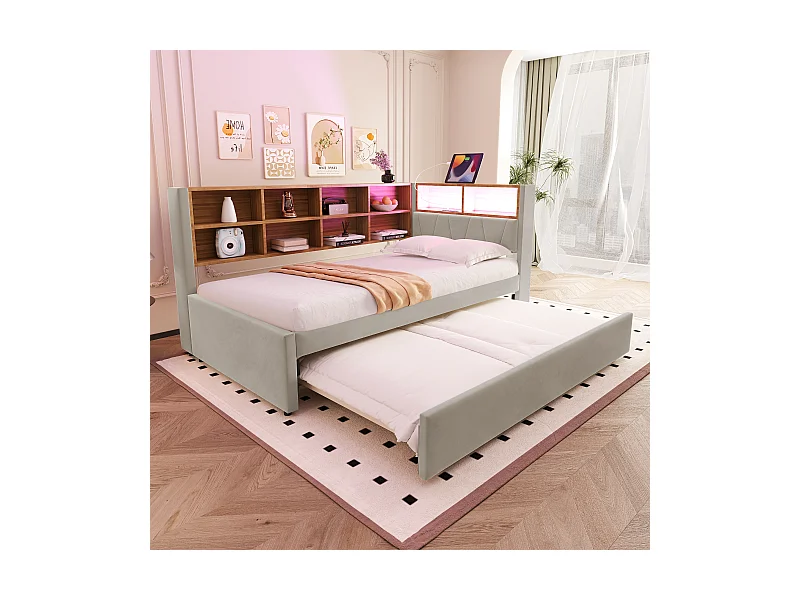 Lit enfant 90x200cm avec LED/USB et étagères de rangement, lit gigogne 90x190cm, en flanelle gris, sans matelas