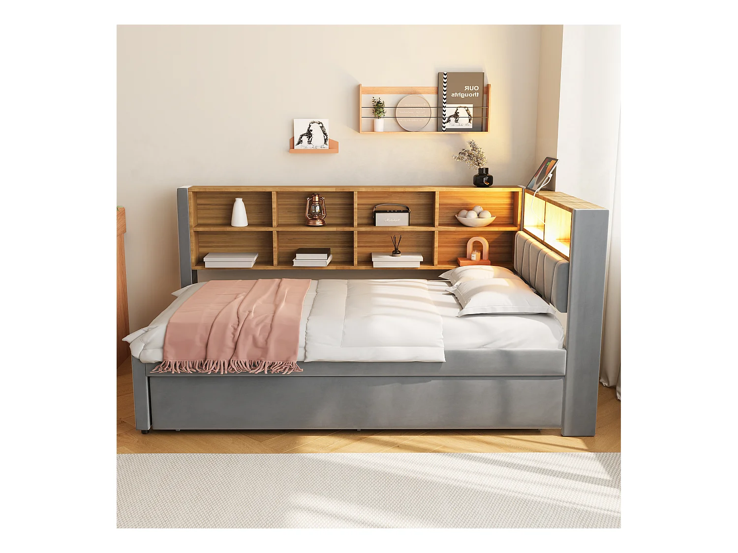 Lit enfant 90x200cm avec LED/USB et étagères de rangement, lit gigogne 90x190cm, en flanelle gris, sans matelas