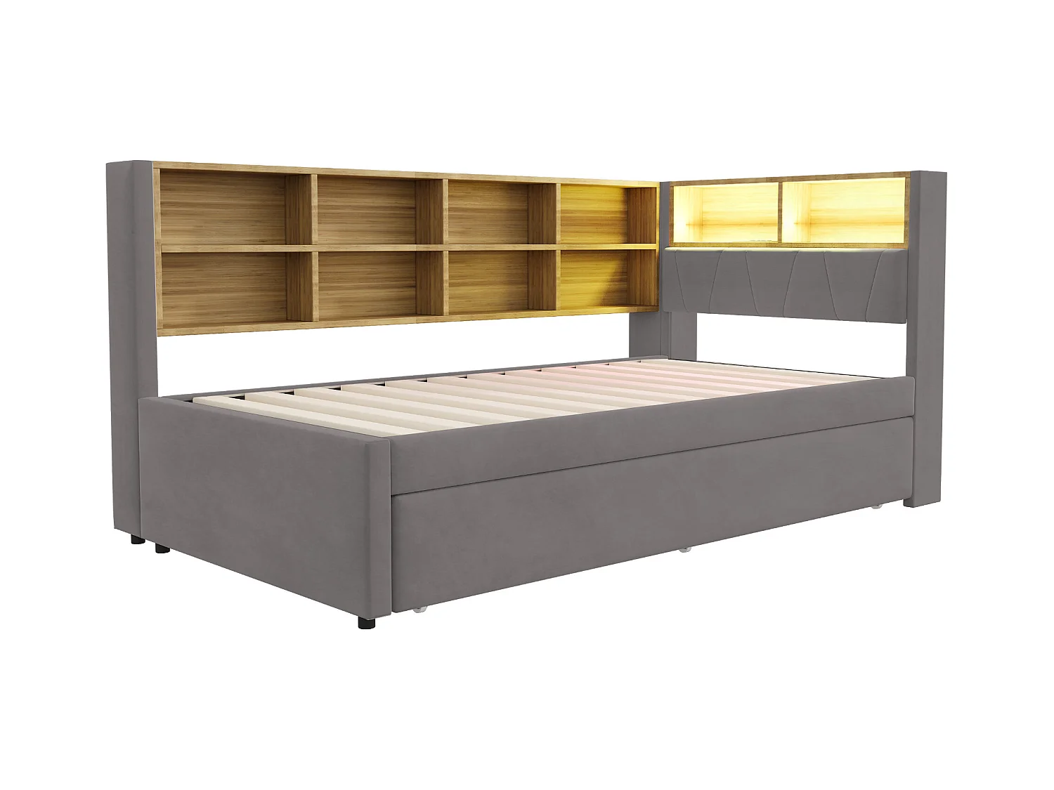 Lit enfant 90x200cm avec LED/USB et étagères de rangement, lit gigogne 90x190cm, en flanelle gris, sans matelas