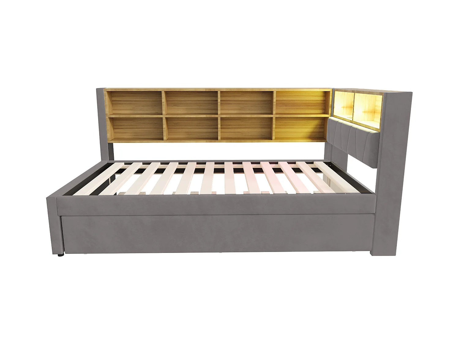 Lit enfant 90x200cm avec LED/USB et étagères de rangement, lit gigogne 90x190cm, en flanelle gris, sans matelas