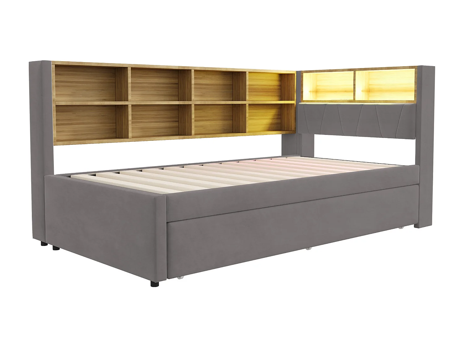 Lit enfant 90x200cm avec LED/USB et étagères de rangement, lit gigogne 90x190cm, en flanelle gris, sans matelas