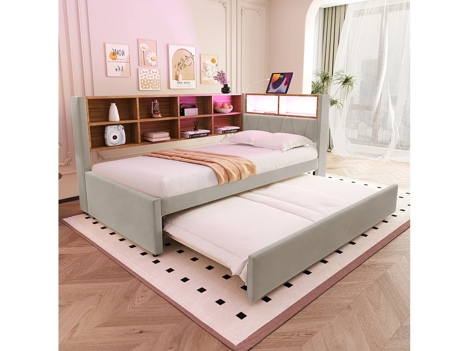 Kinderbed 90x200 cm met LED/USB en opbergplanken, uitschuifbed 90x190 cm, in grijs flanel, zonder matras