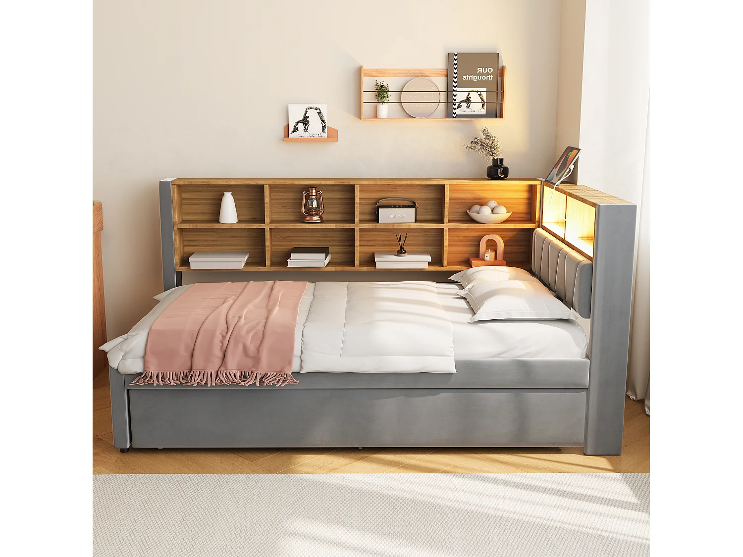 Kinderbed 90x200 cm met LED/USB en opbergplanken, uitschuifbed 90x190 cm, in grijs flanel, zonder matras